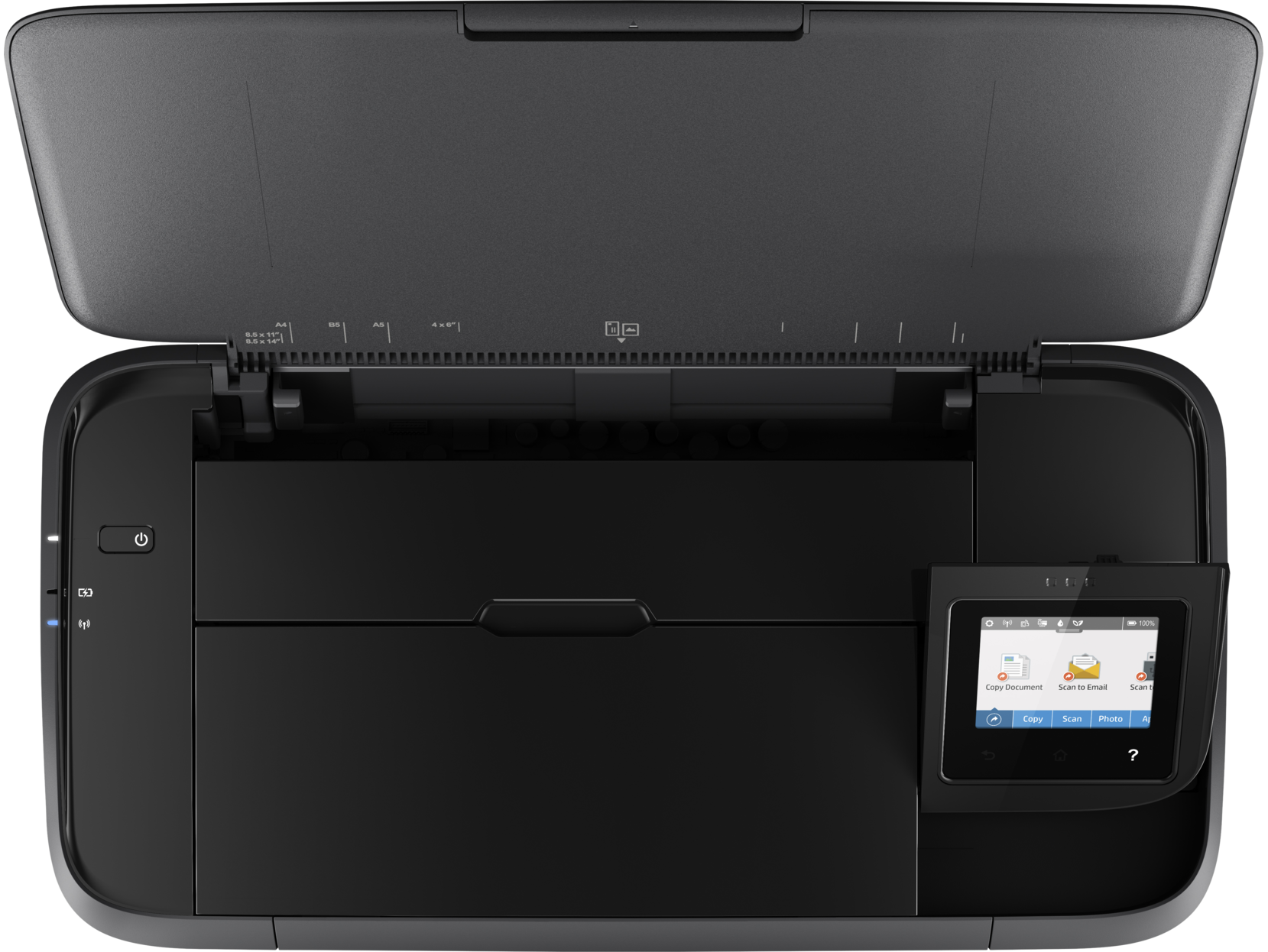 Black printer with open lid, control panel on the right. Displays copy, scan, and other options.