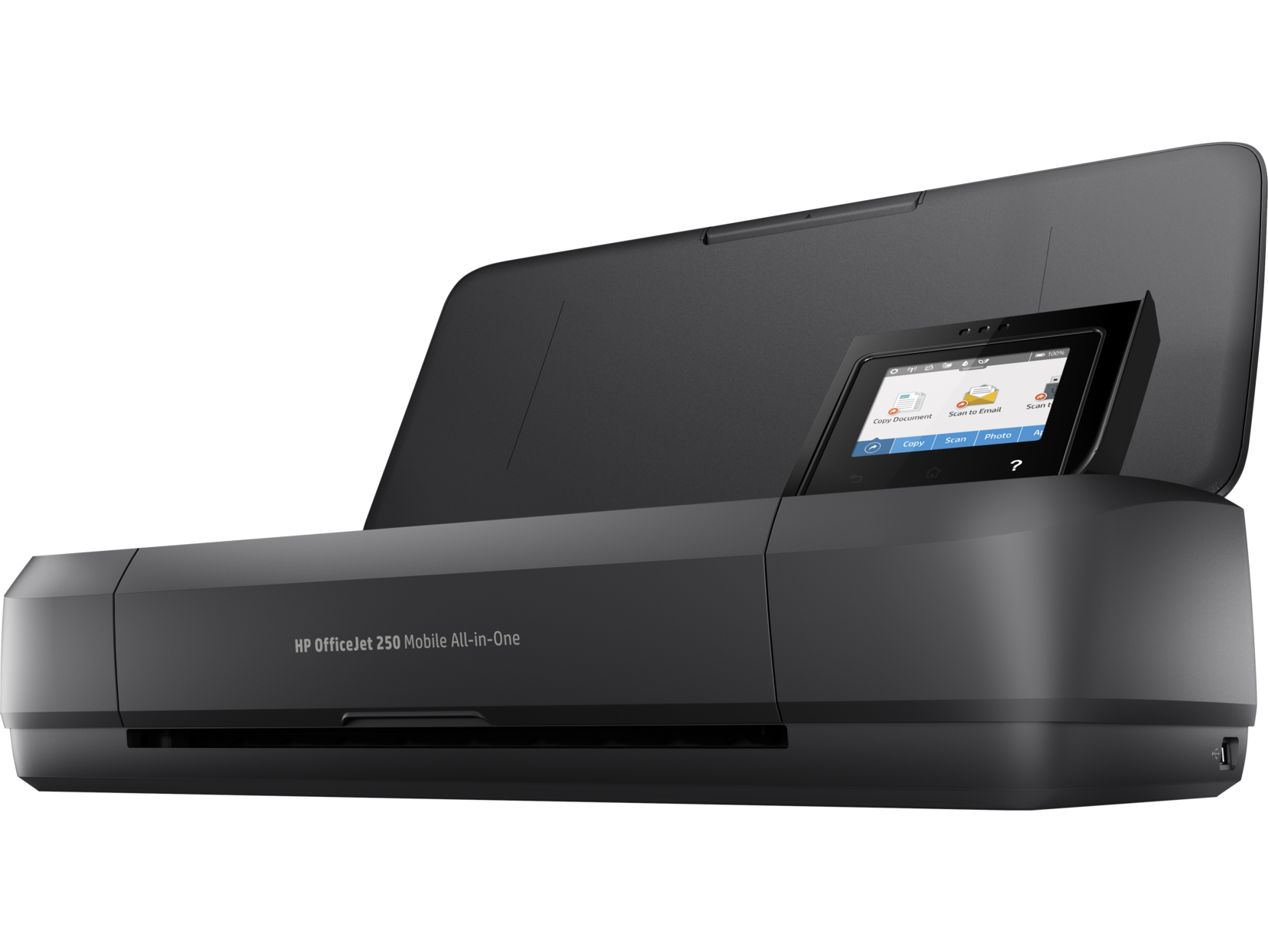 Black all-in-one printer with a screen open, showing its interface.