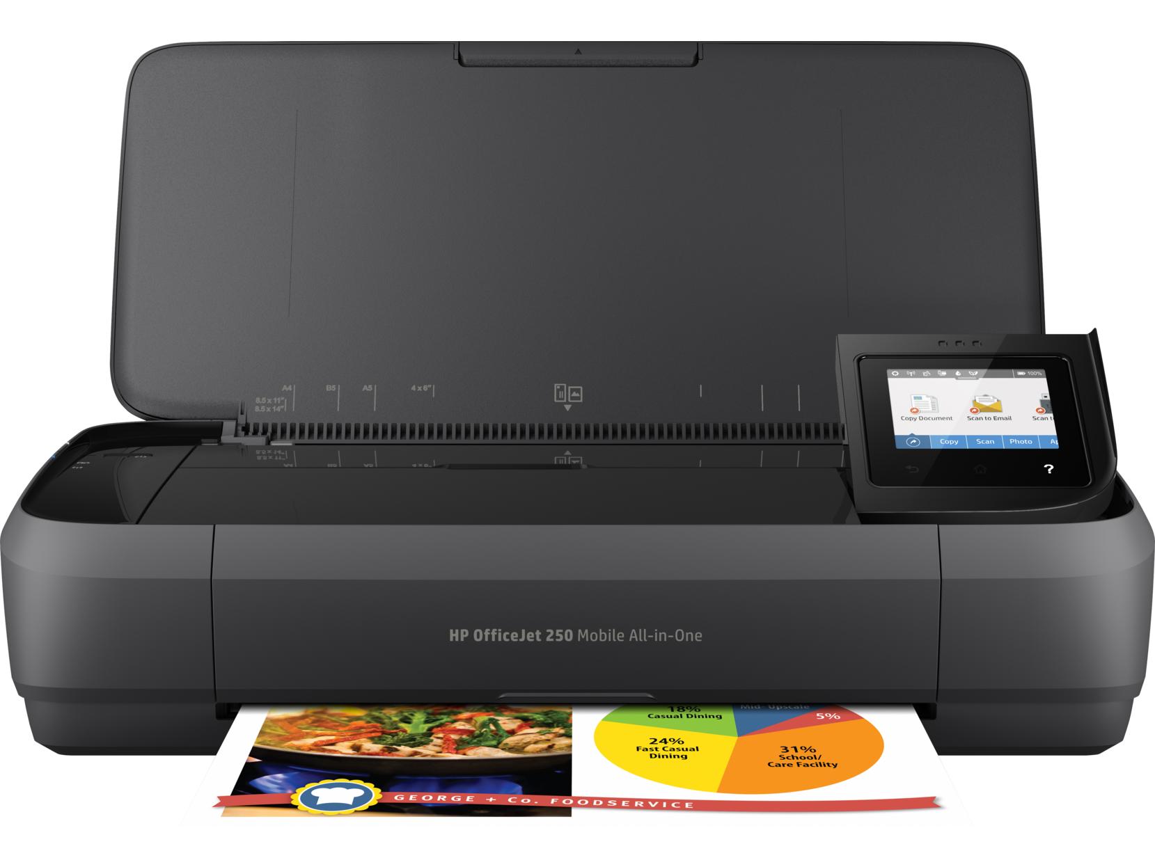 HP OfficeJet 250 printer. Open top, shows the inside, screen visible with chart, and printed paper.