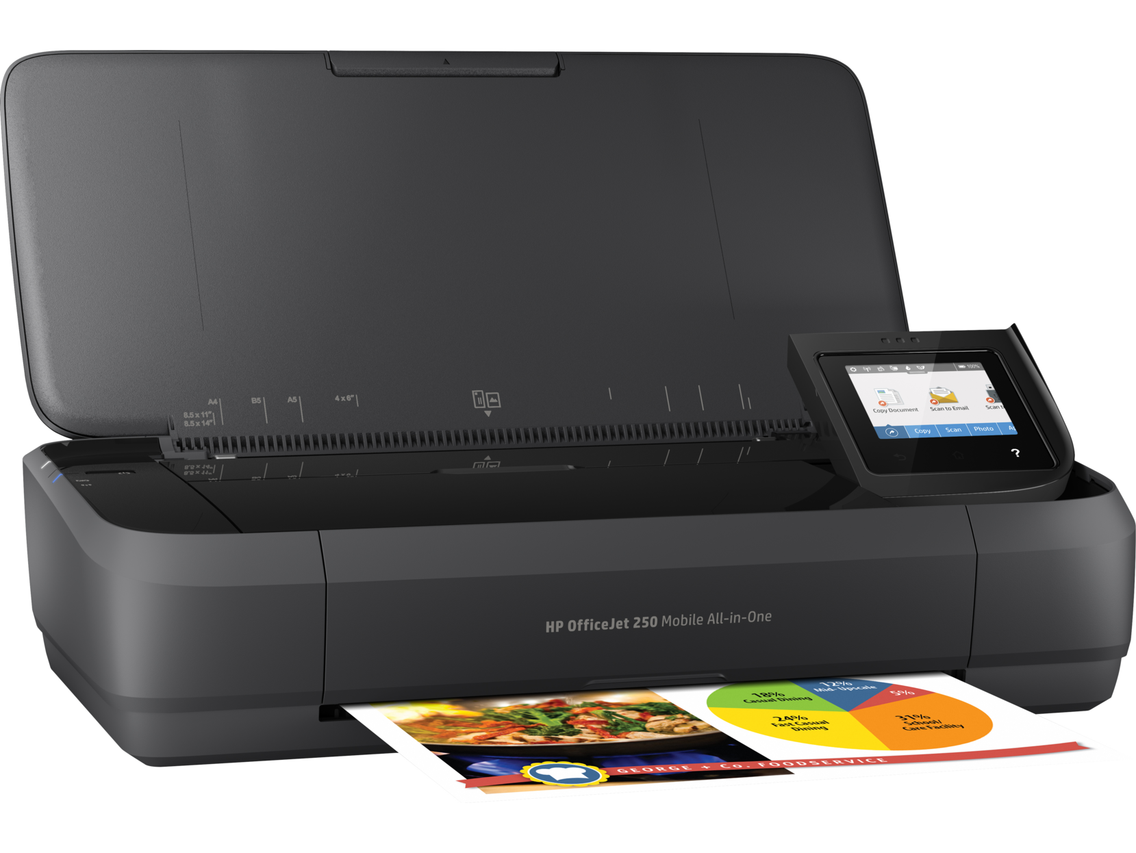 A dark gray HP OfficeJet 250 printer with an open top. A printed page is in the output tray.