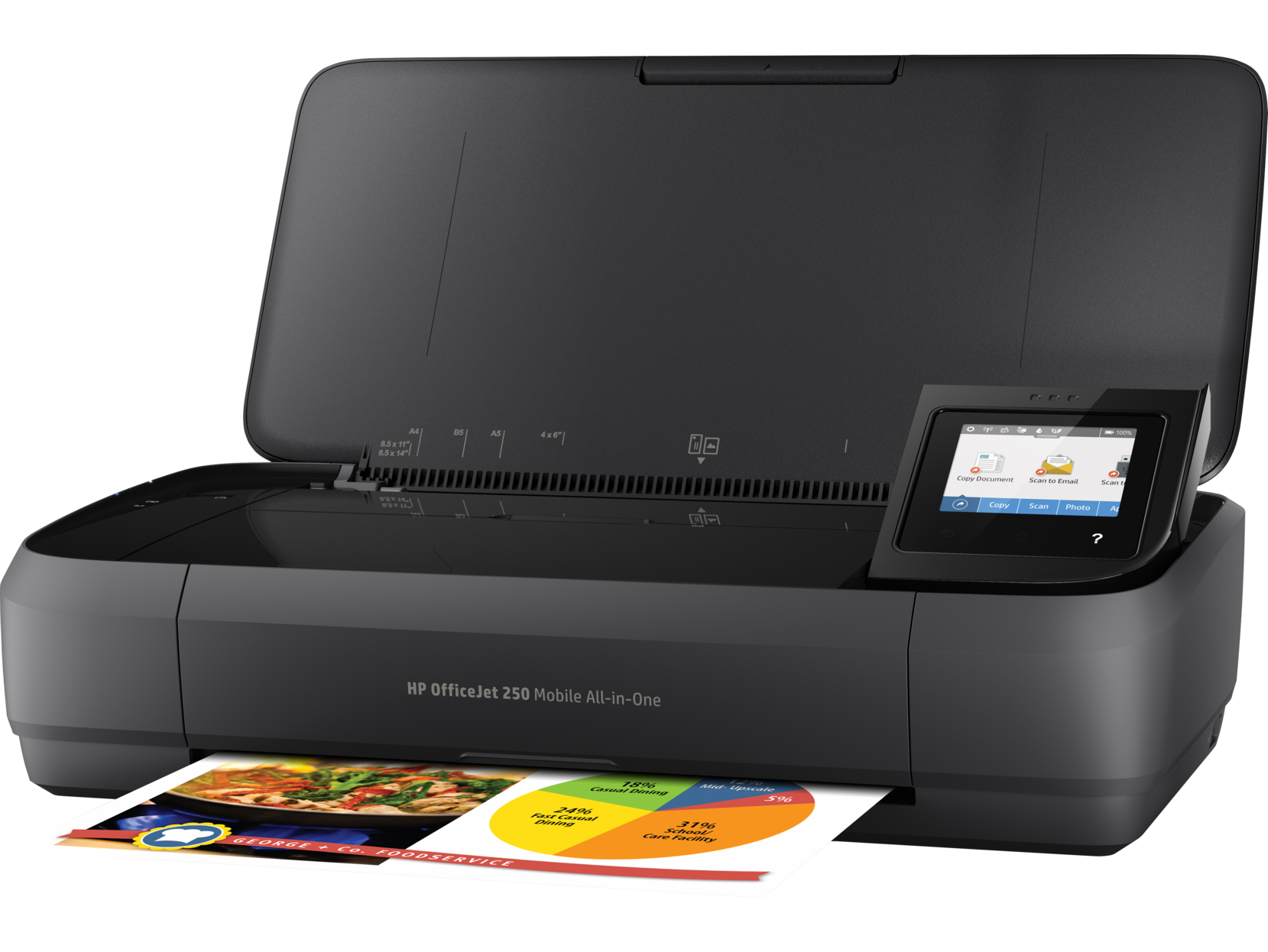 Black HP OfficeJet 250 printer. A printed page with a pie chart is coming out.