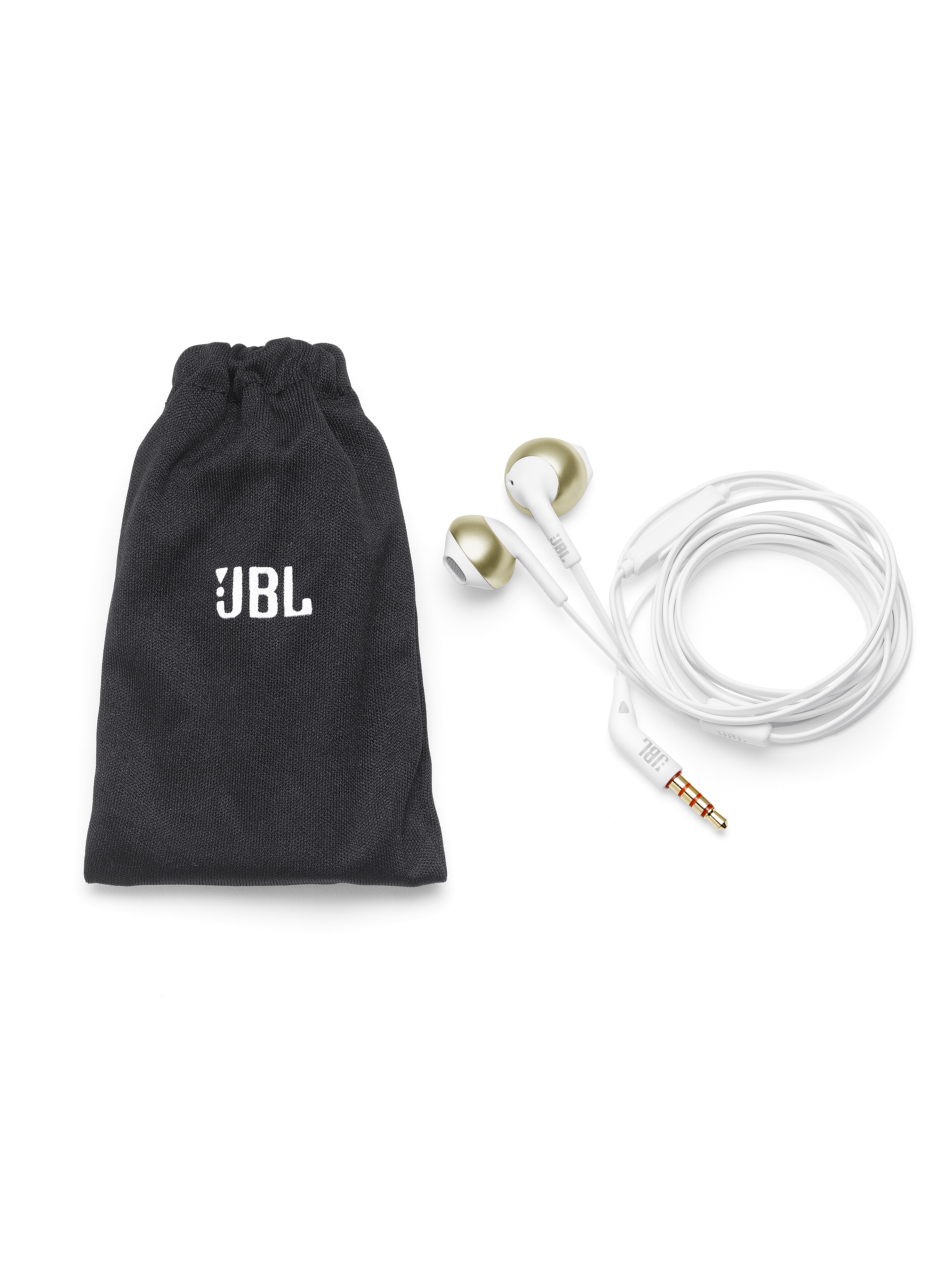 Witte oortelefoons met witte kabel en een zwarte pouch met JBL-logo.
