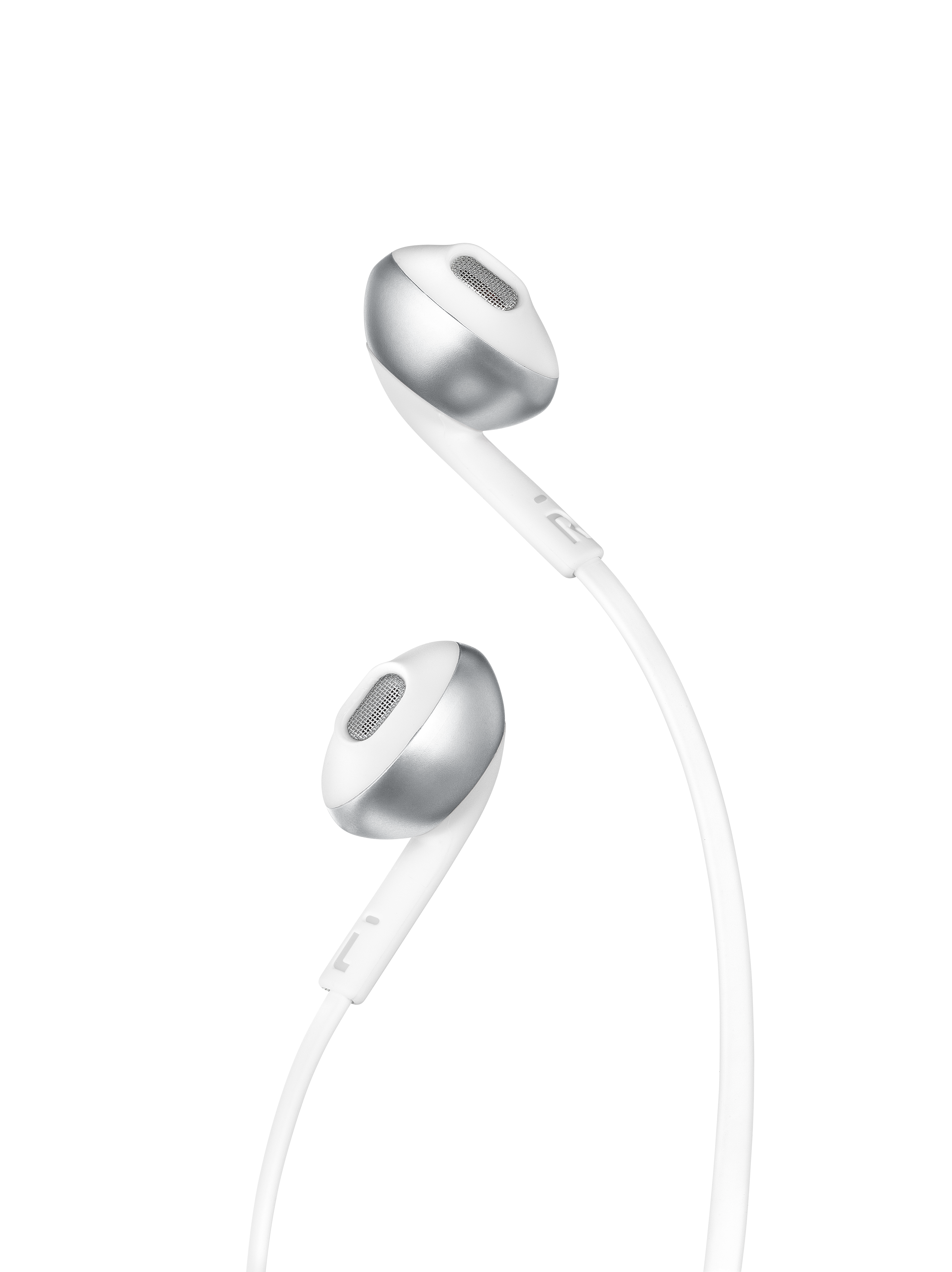 White earbuds with silver accents, isolated on black background.