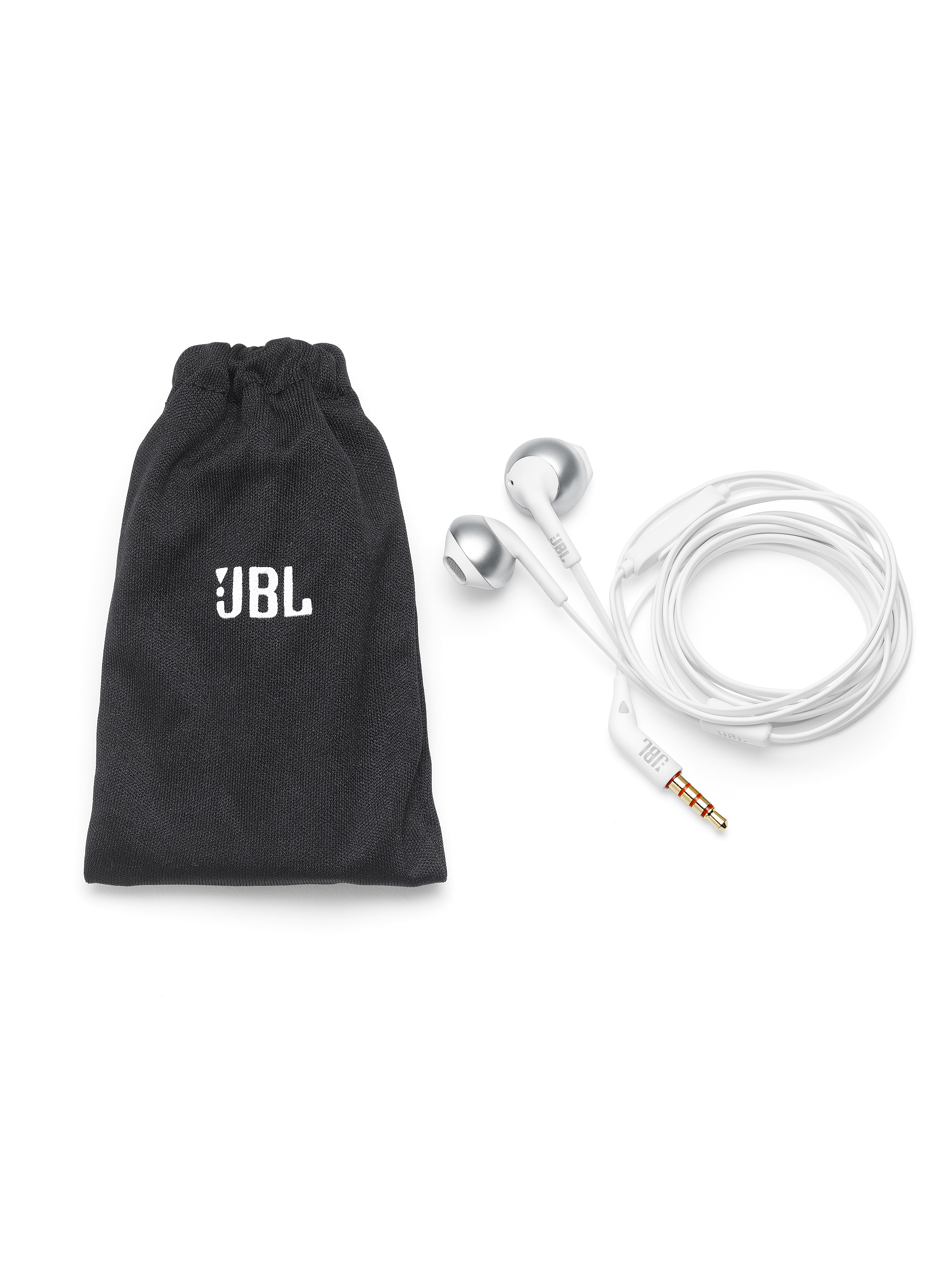 Earbuds, a drawstring bag, and a jack, all on a white background.