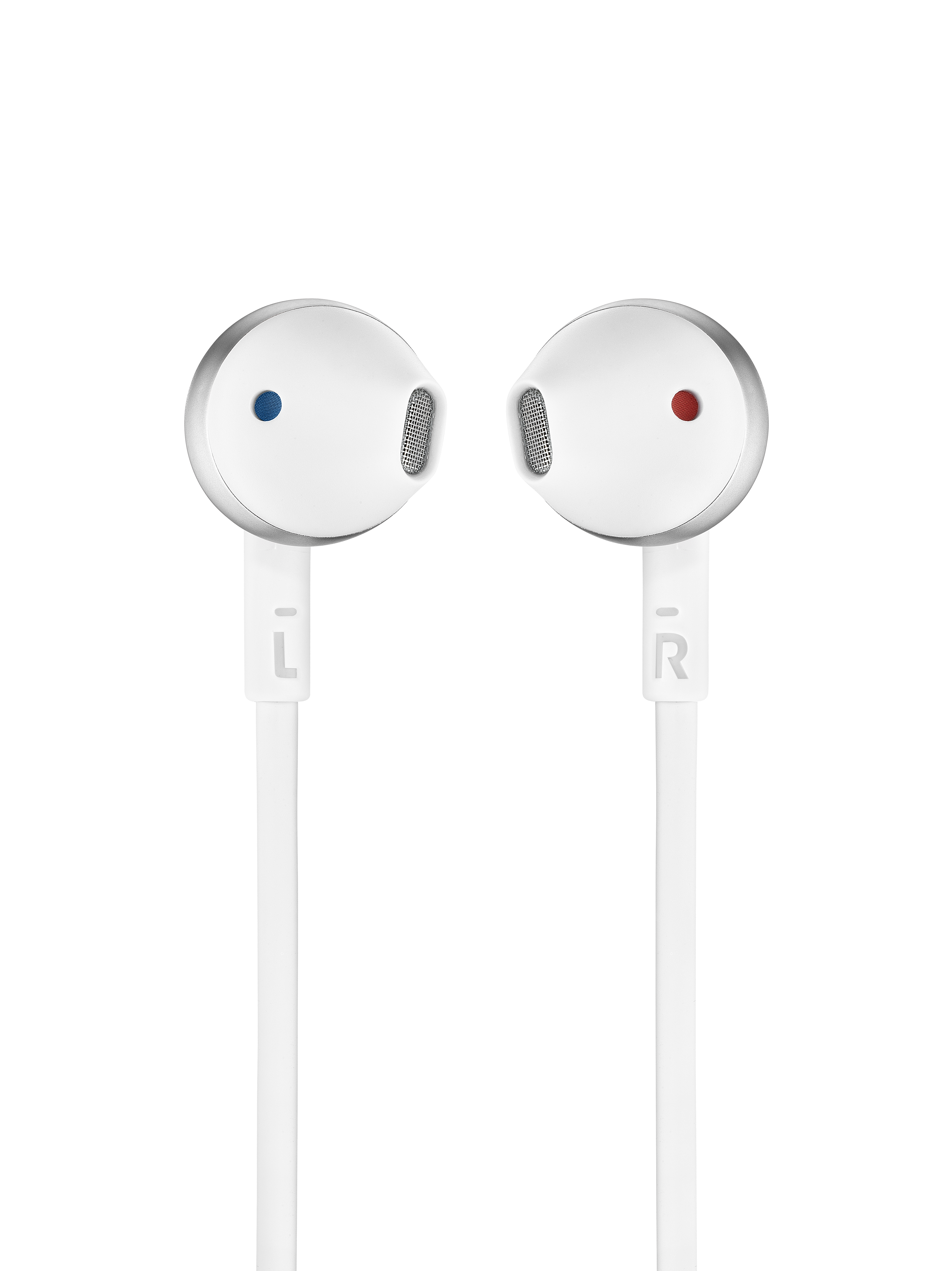 Pair of white earbuds, one with blue dot, other with red dot, on black background.