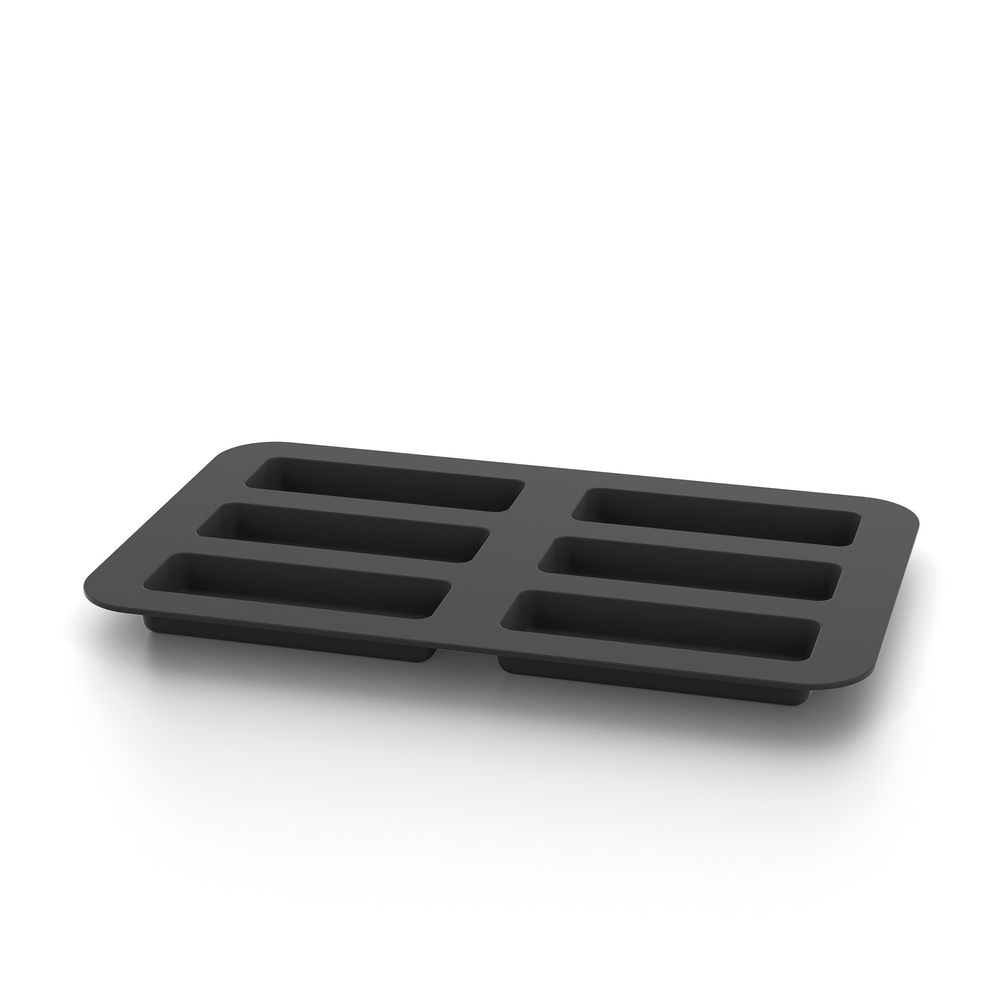 Uno stampo da forno rettangolare in silicone nero con otto scomparti lunghi e sottili.