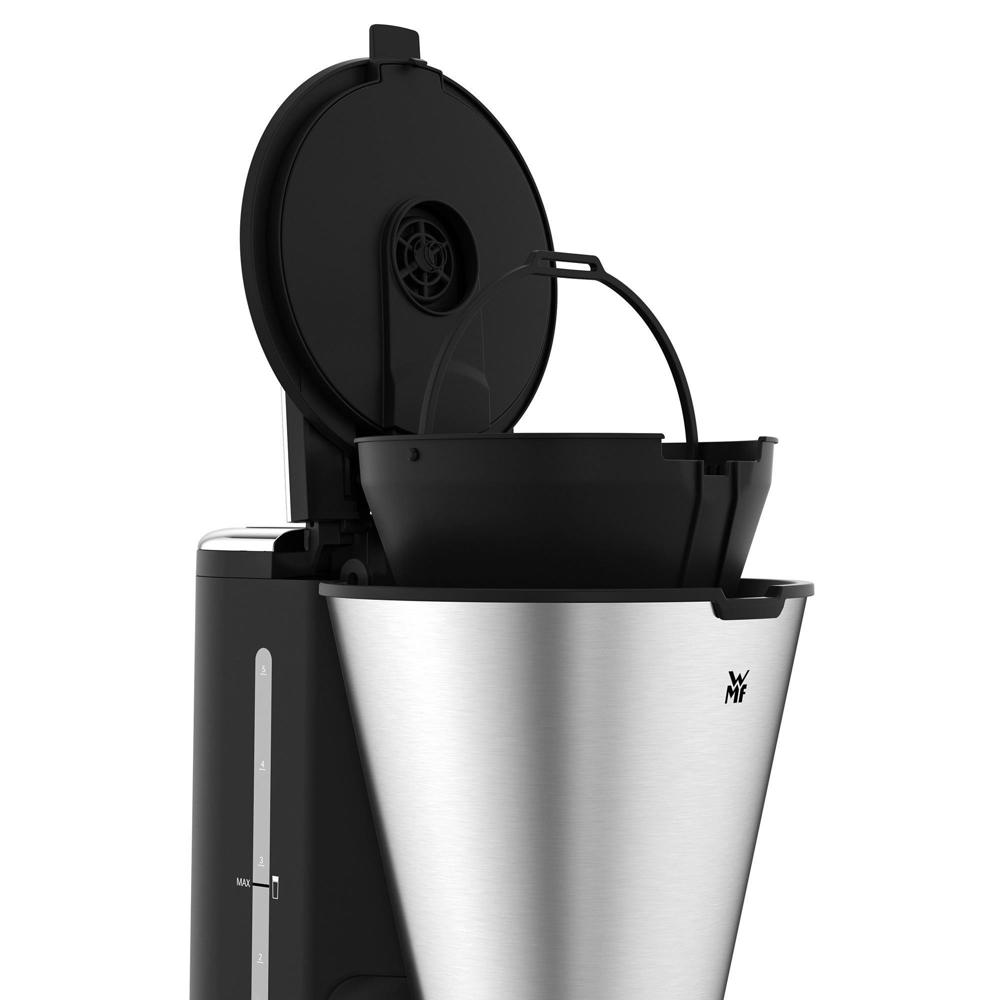 Kaffeemaschine mit schwarzem Gehäuse und Stahlkaraffe und Filter.