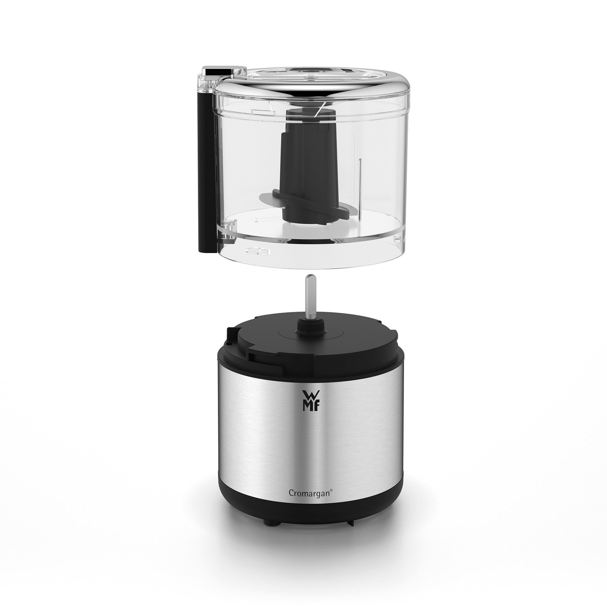 Zerlegter Food Processor mit Edelstahlbasis und transparentem Kunststoffbehälter, vor weißem Hintergrund.