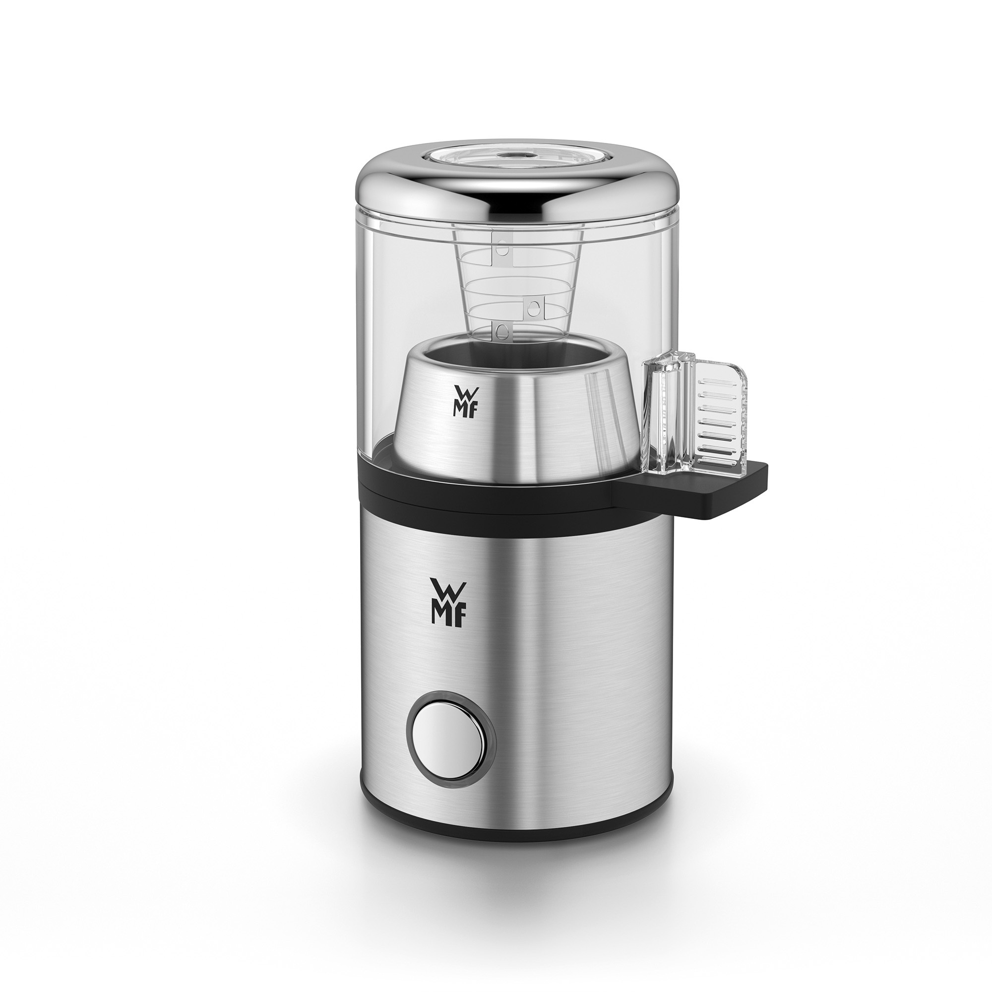 Silberne und transparente Kaffeemaschine. Hat einen zylindrischen Sockel, transparente Wasserkammer und Ausguss.