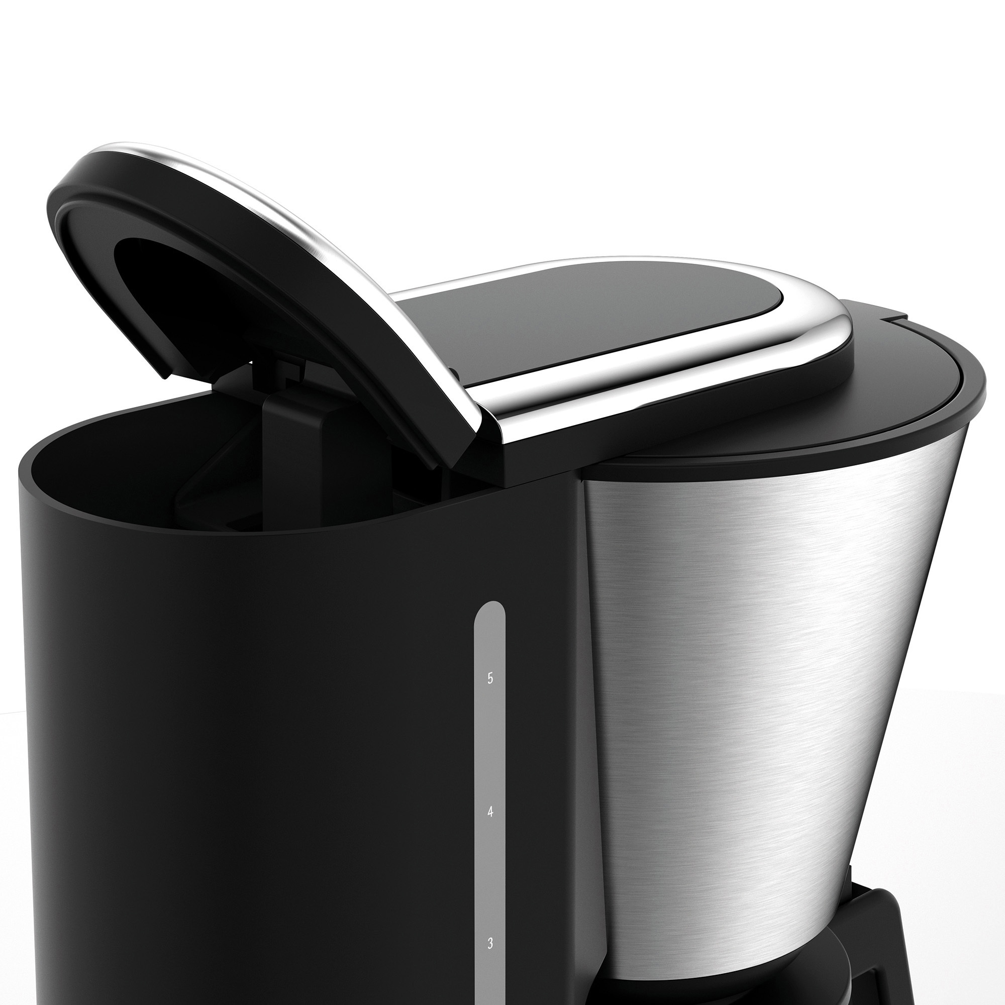 Eine schwarz-silberne Kaffeemaschine mit offenem Deckel, Innenansicht.
