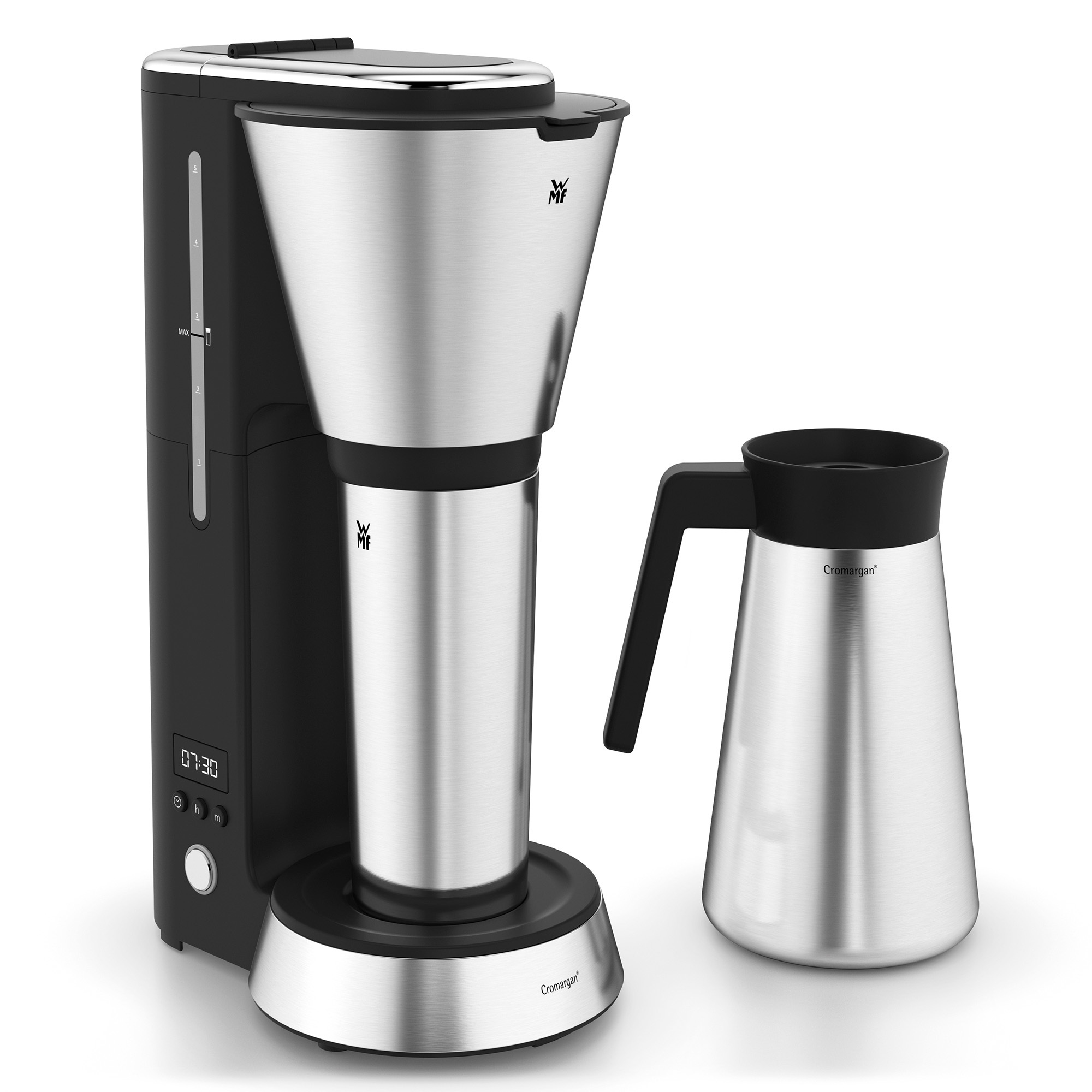 Schwarz-silberne Kaffeemaschine mit Stahlkanne. Auf weißem Hintergrund.