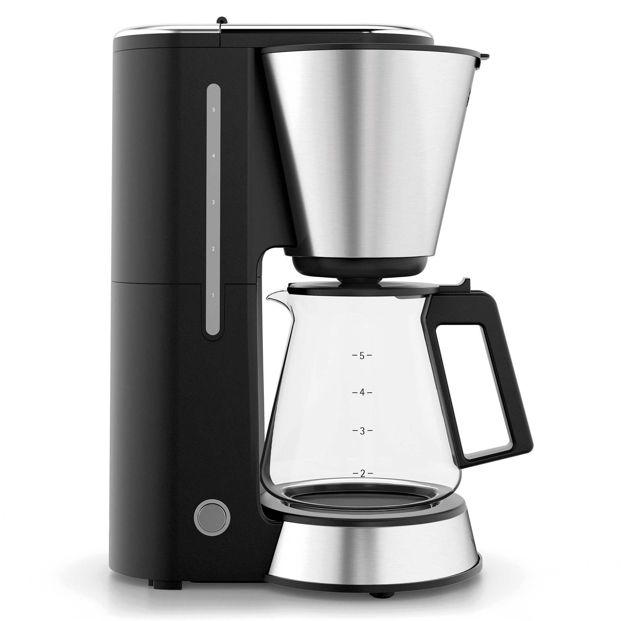 Schwarze und silberne Kaffeemaschine mit Glaskaraffe.
