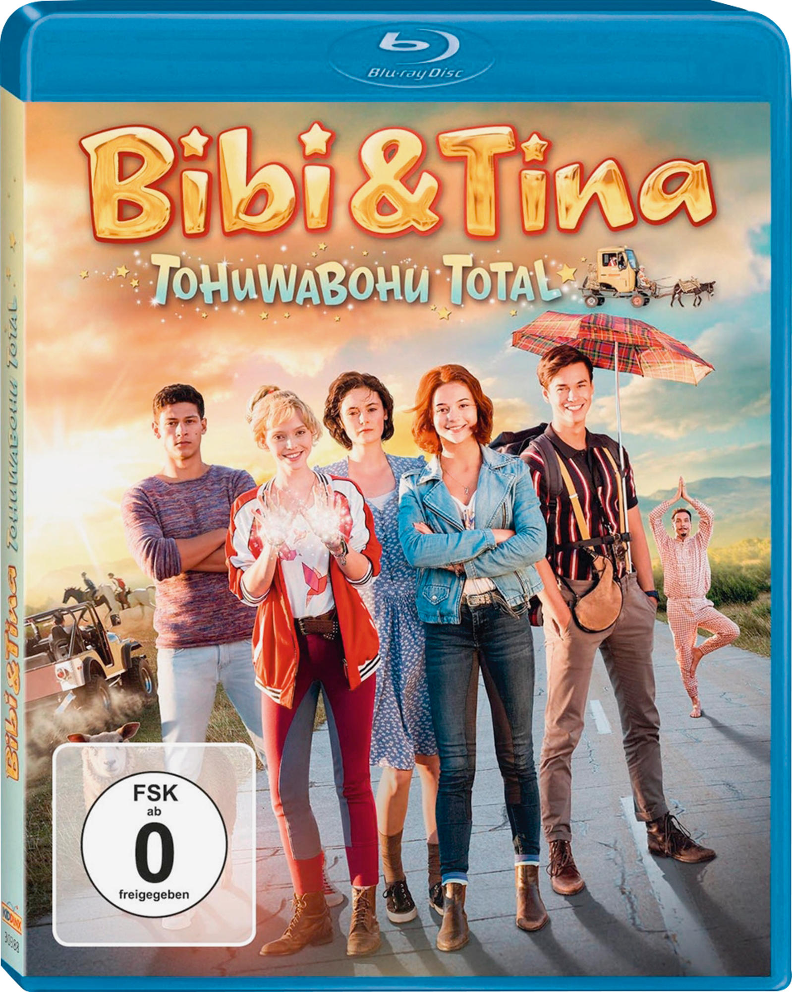 Blu-ray-Disc-Cover mit Film-Cast. Titel 'Bibi & Tina' und Untertitel. Bunter Himmel im Hintergrund.