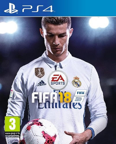 Portada del juego FIFA 18 PS4 con Cristiano Ronaldo, camiseta blanca, logo EA Sports.