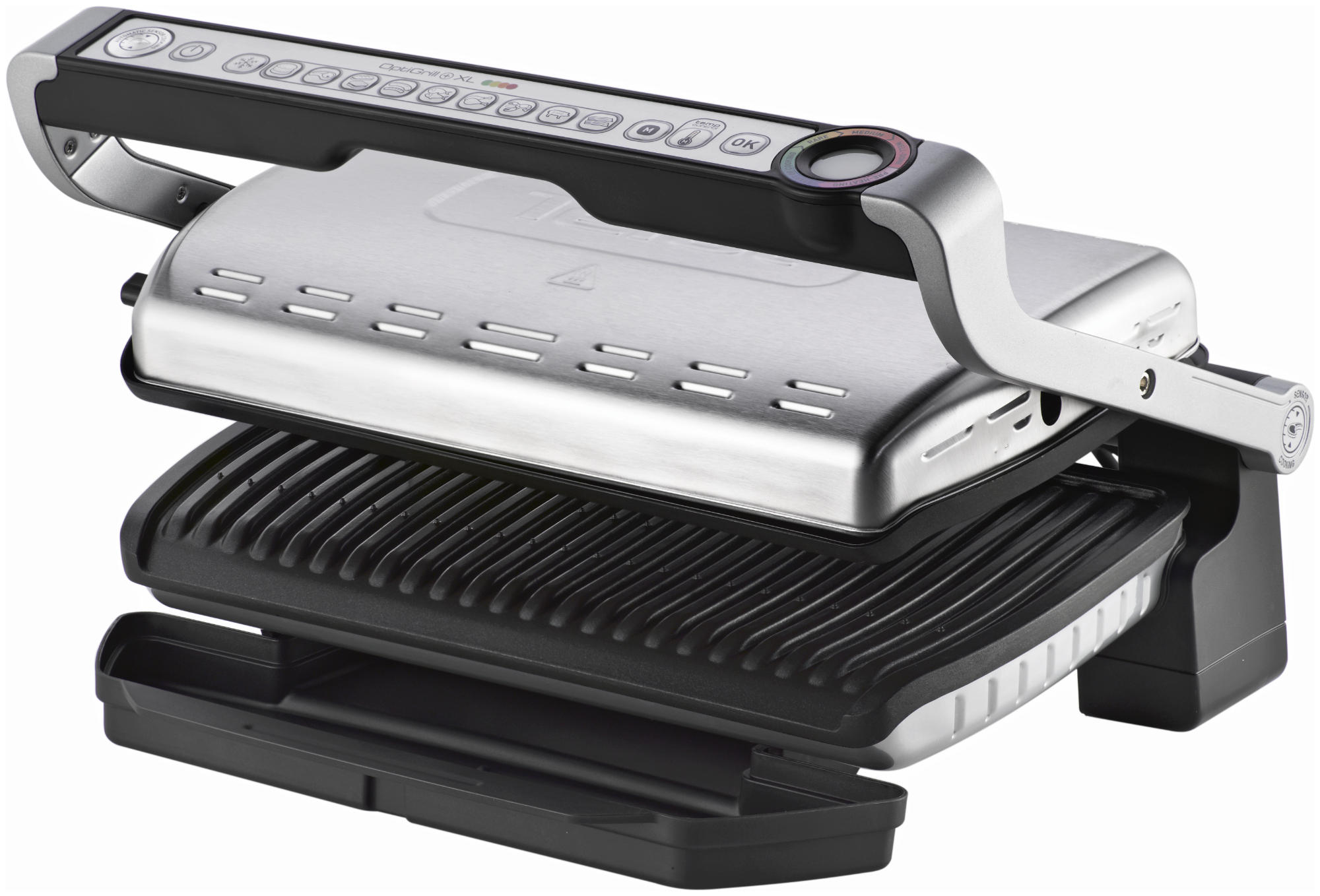 Eine silberne und schwarze Panini-Presse mit offenen Grillplatten und Bedienfeld.