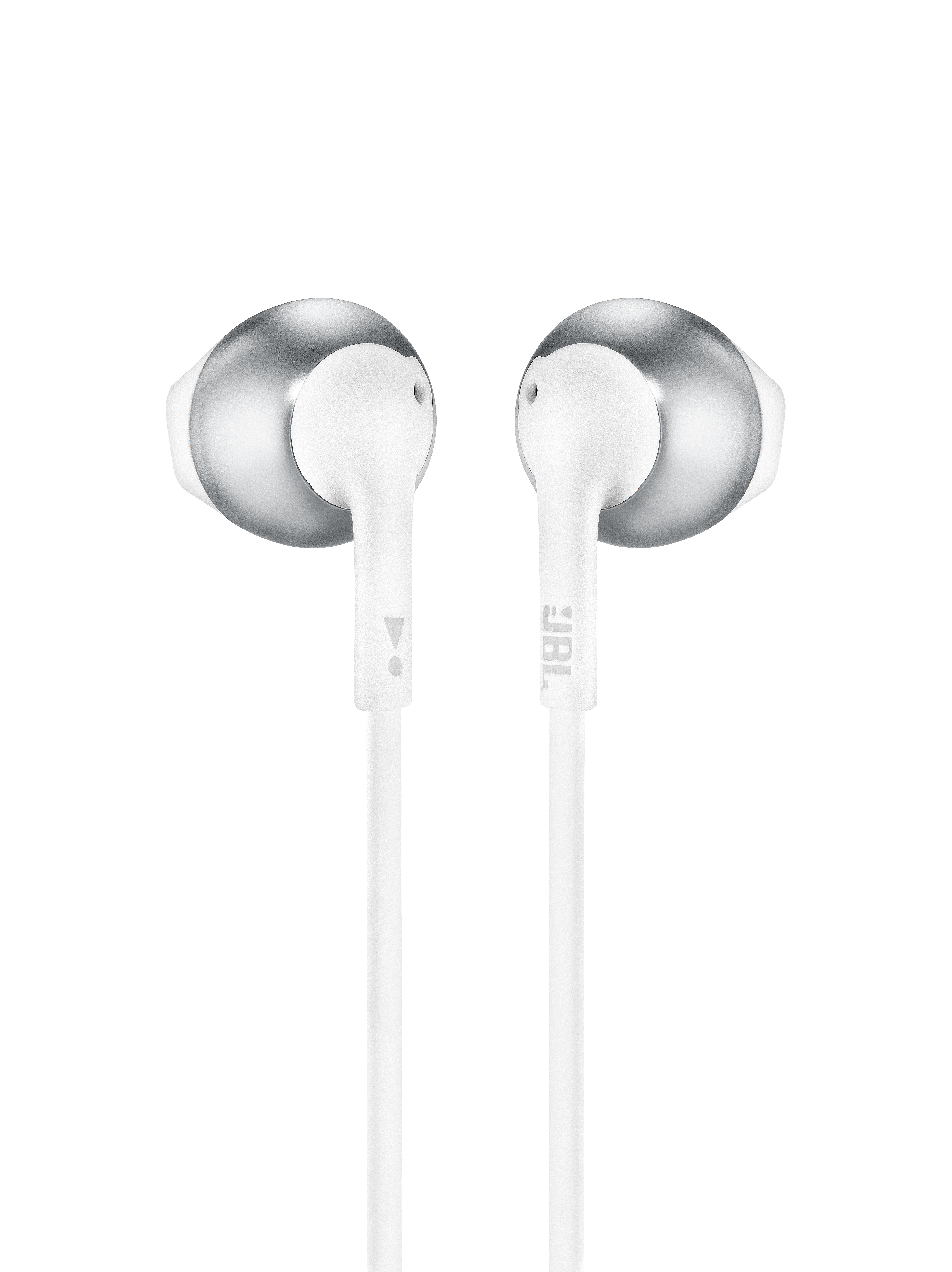 White JBL earbuds with silver accents and a white cable, against a black background.