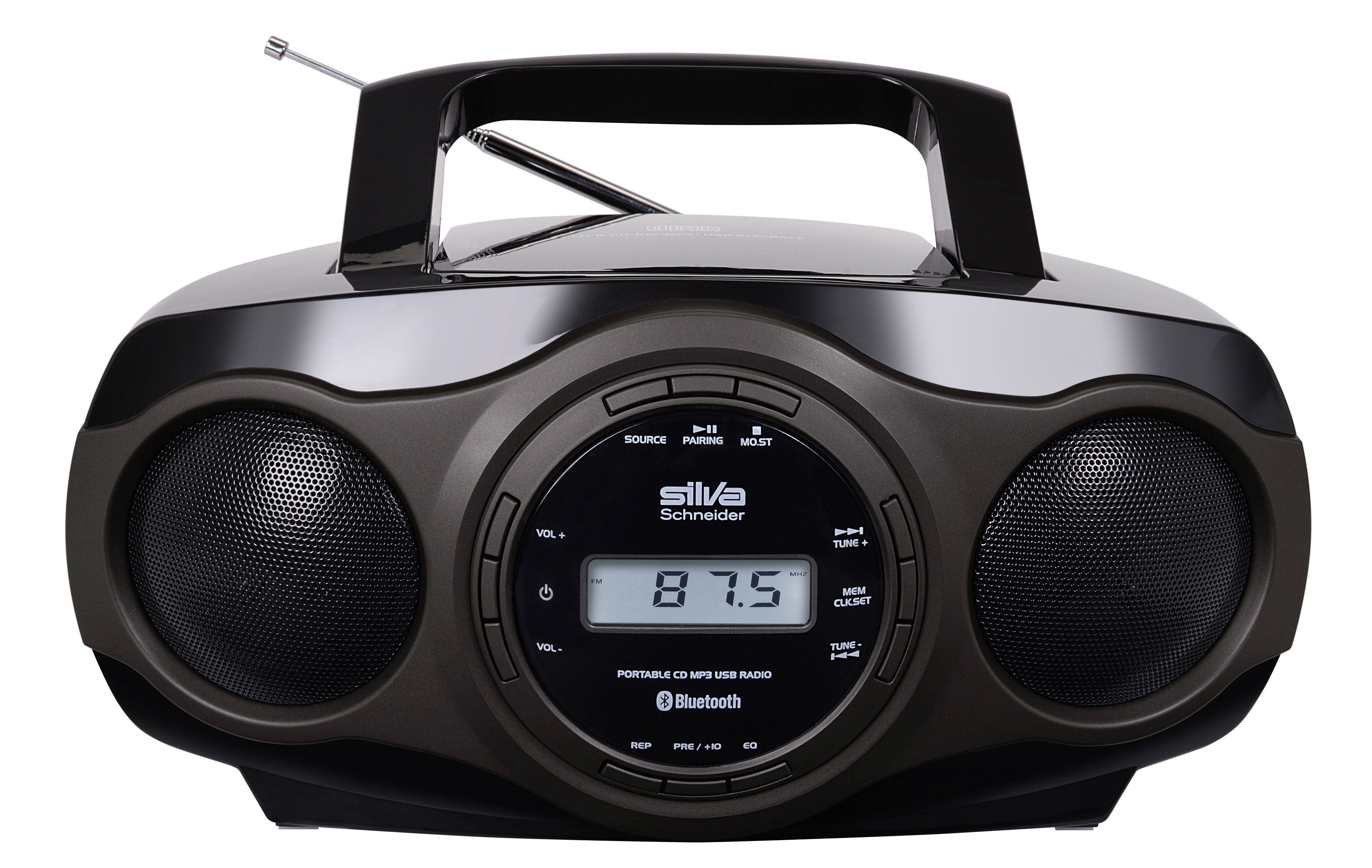 Schwarze Boombox mit Lautsprechern an den Seiten und einem Griff oben. Ein Display und Knöpfe sind sichtbar.