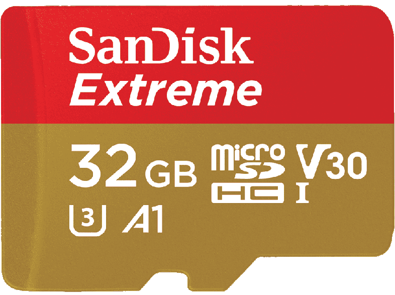 Piros és arany Sandisk Extreme microSD kártya szöveggel és specifikációkkal.