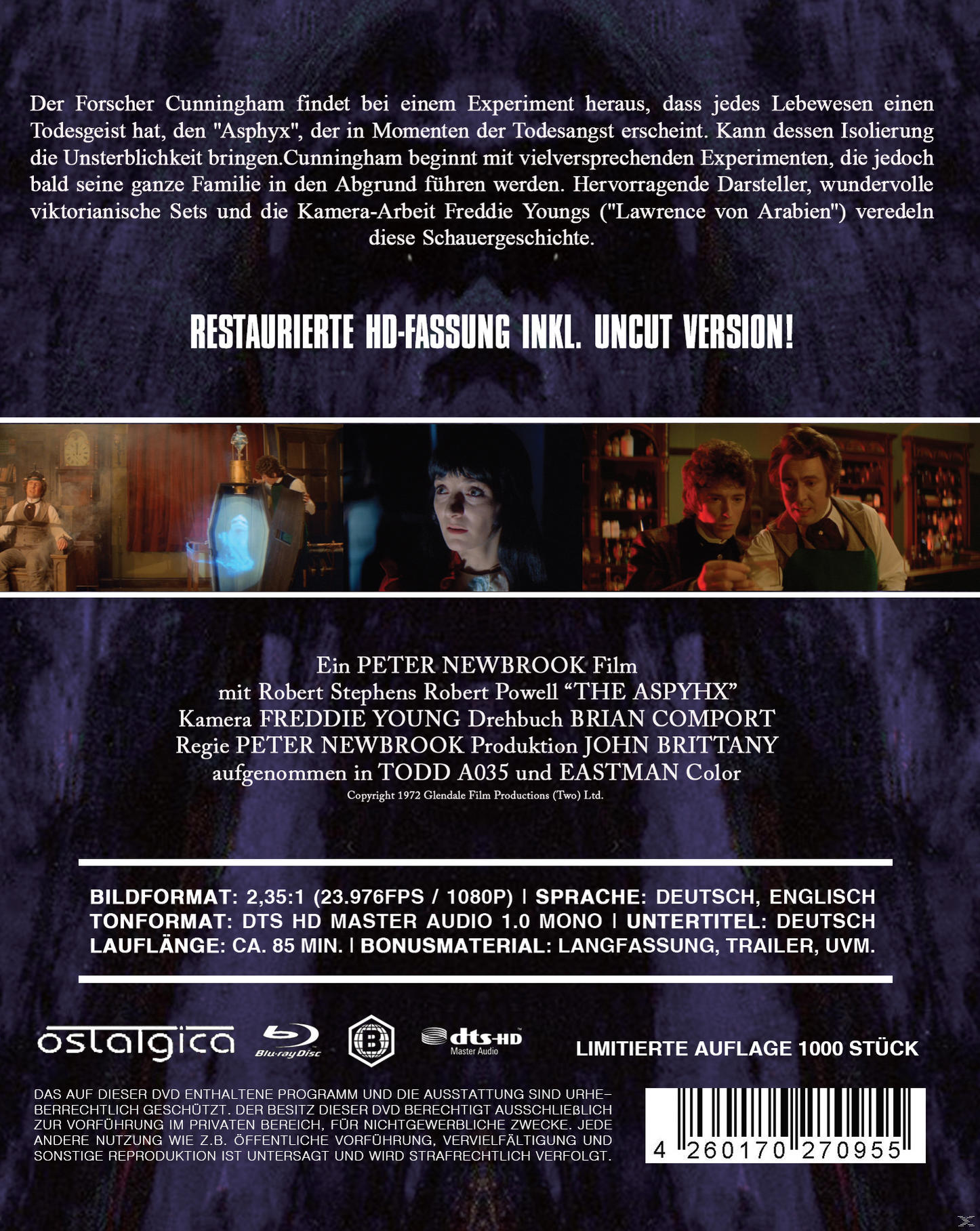 Rückseite einer DVD-Hülle mit Text über 'The Asphyx', Filmstills und Credits.