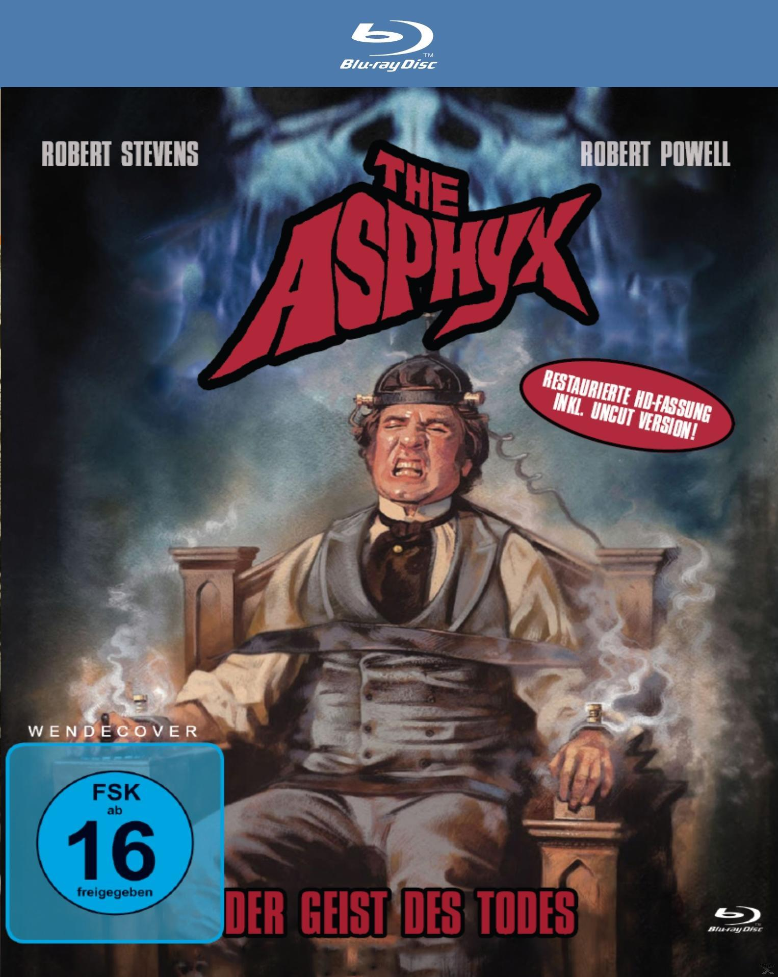 DVD-Cover des Films "The Asphyx", Mann im elektrischen Stuhl, blauer Hintergrund.