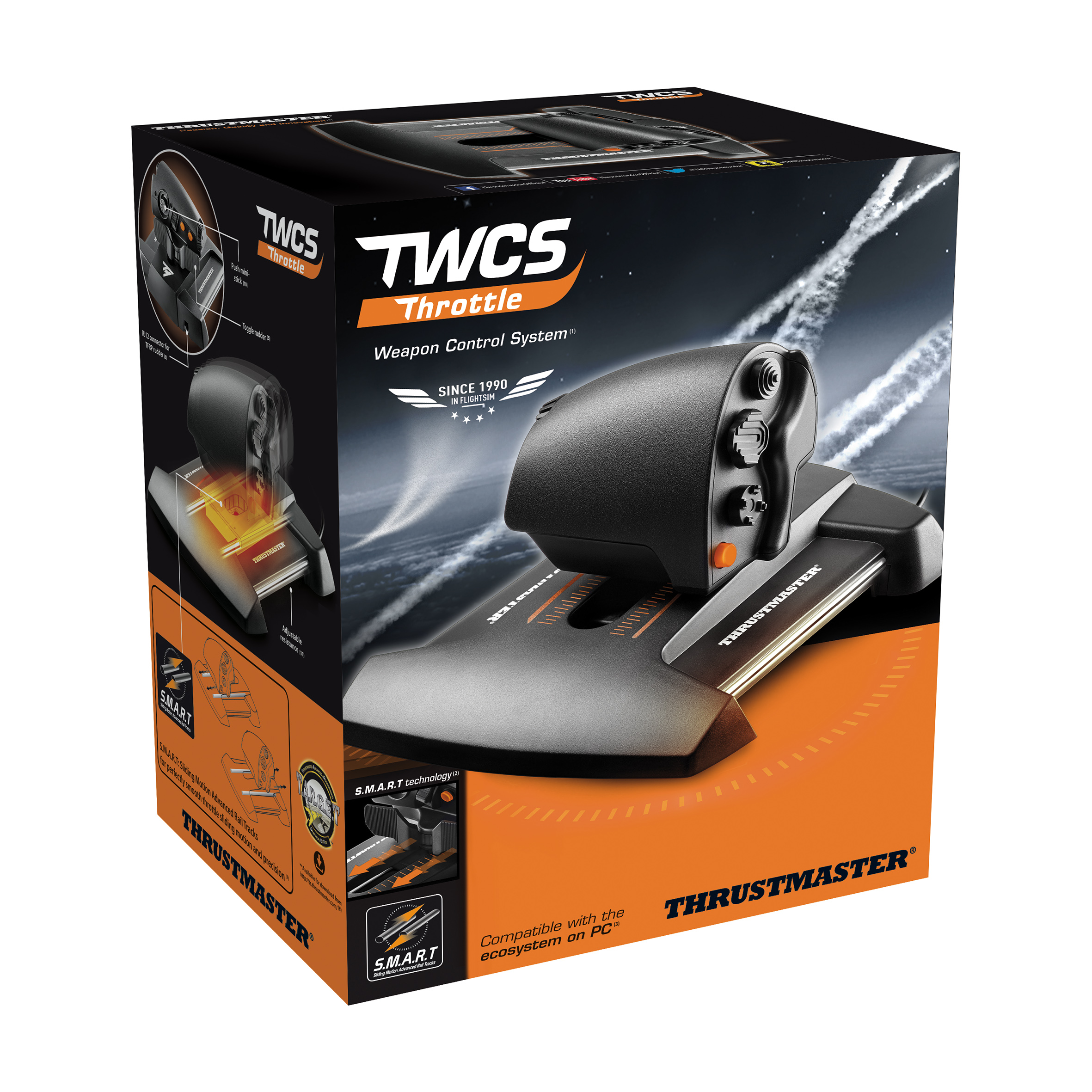 Eine Spielebox mit dem Gerät darin. Es steht TWCS Throttle drauf.