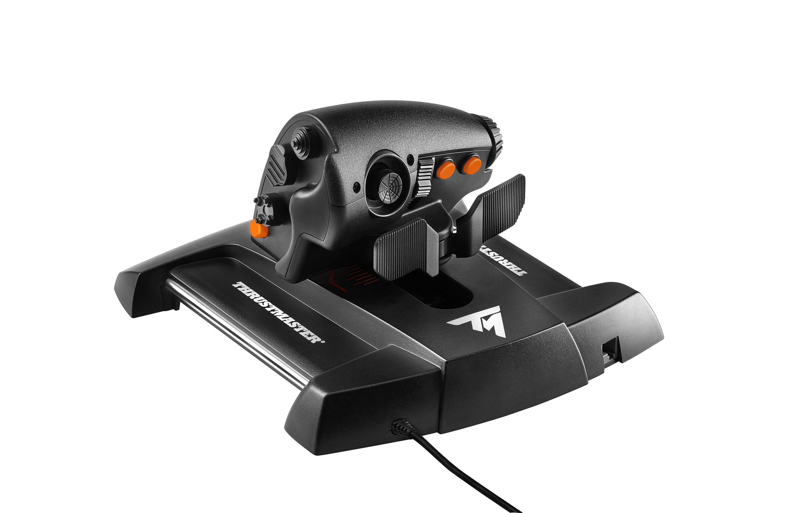Ein schwarzer Flugsimulator-Joystick mit orangefarbenen Knöpfen auf schwarzer Basis, isoliert auf Weiß.
