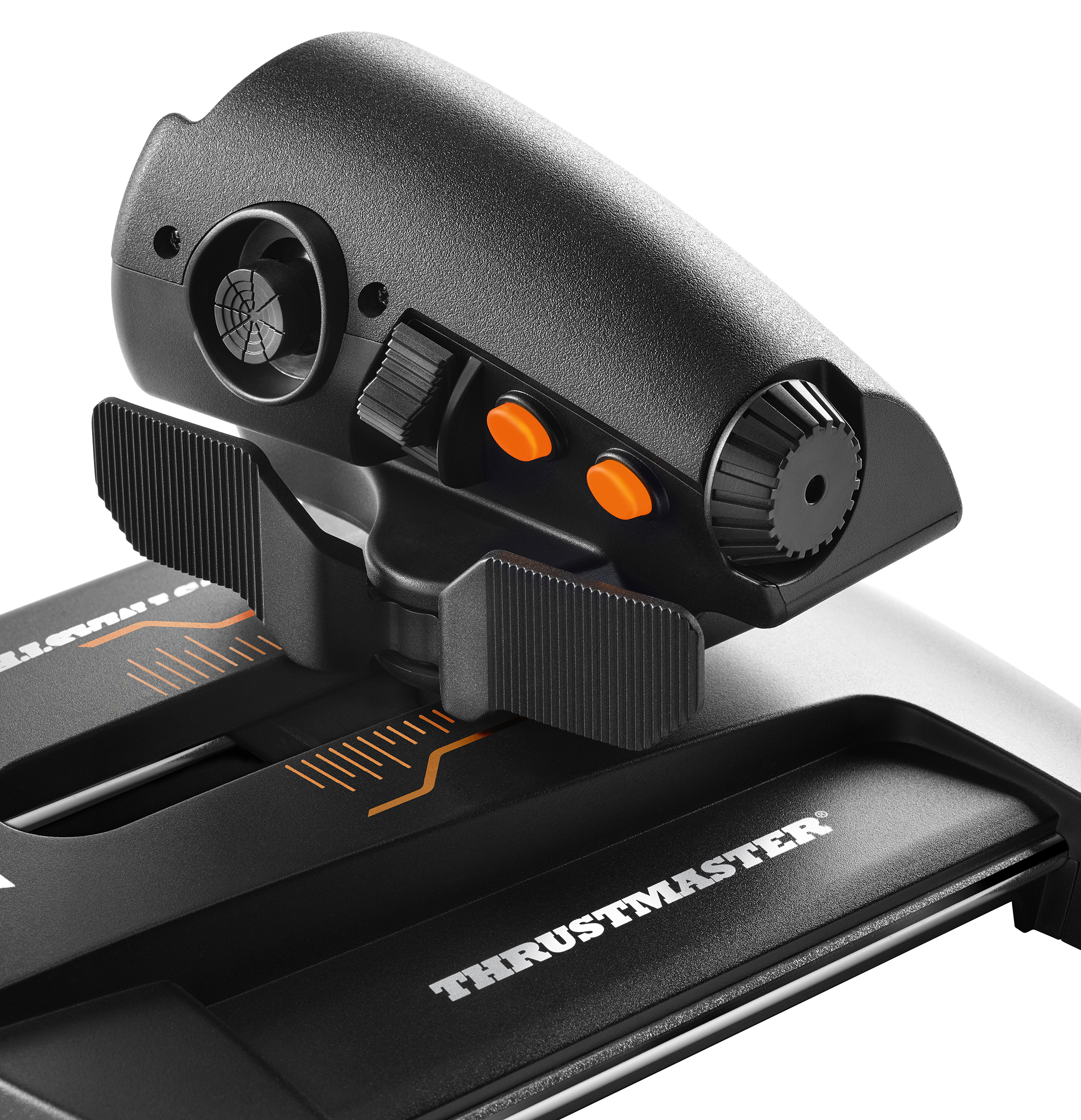 Nahaufnahme eines schwarzen Flug-Joystick-Controllers mit orangefarbenen Knöpfen und Rädern.