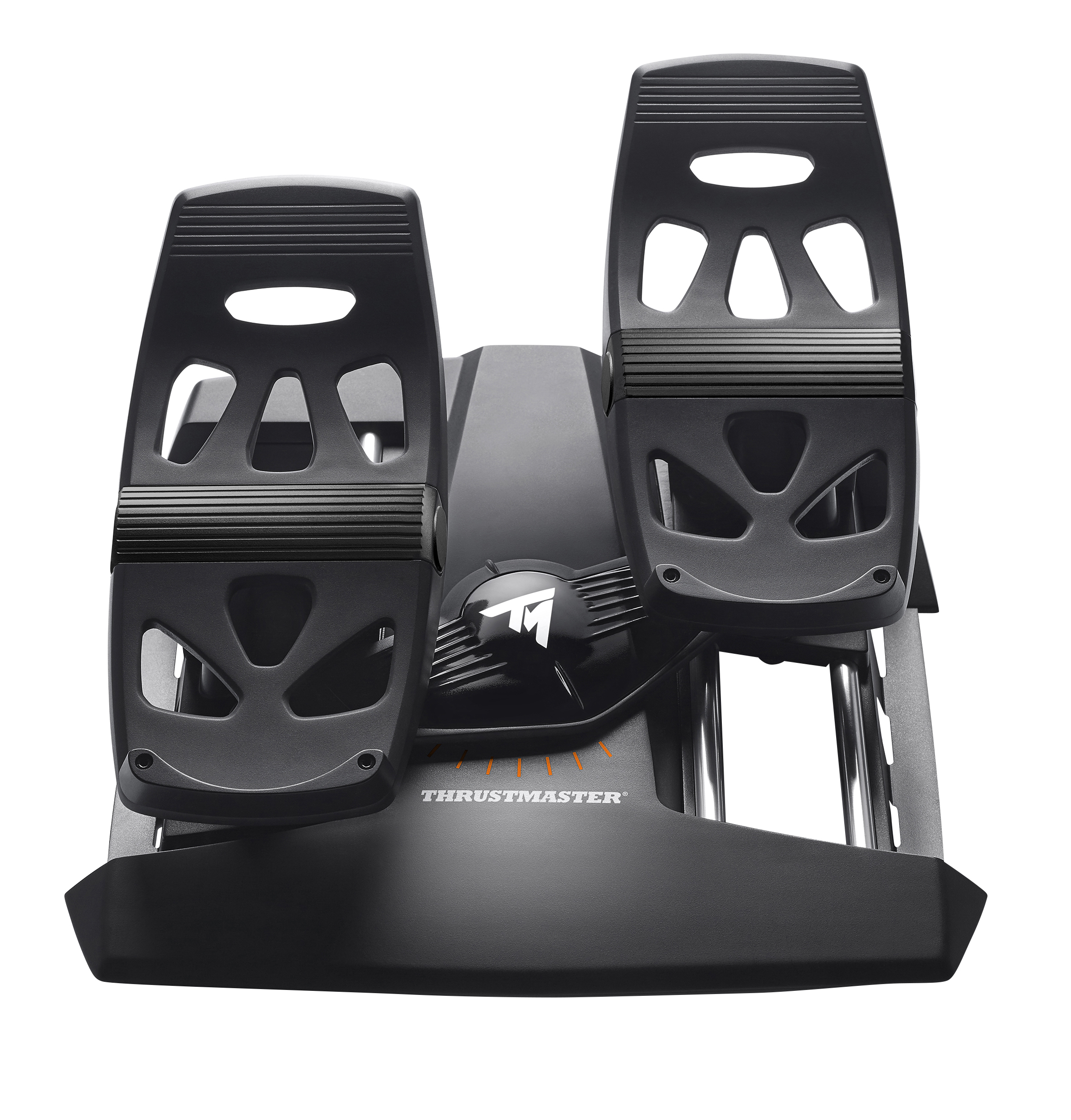 Schwarze Gaming-Pedale für Flugsimulation.