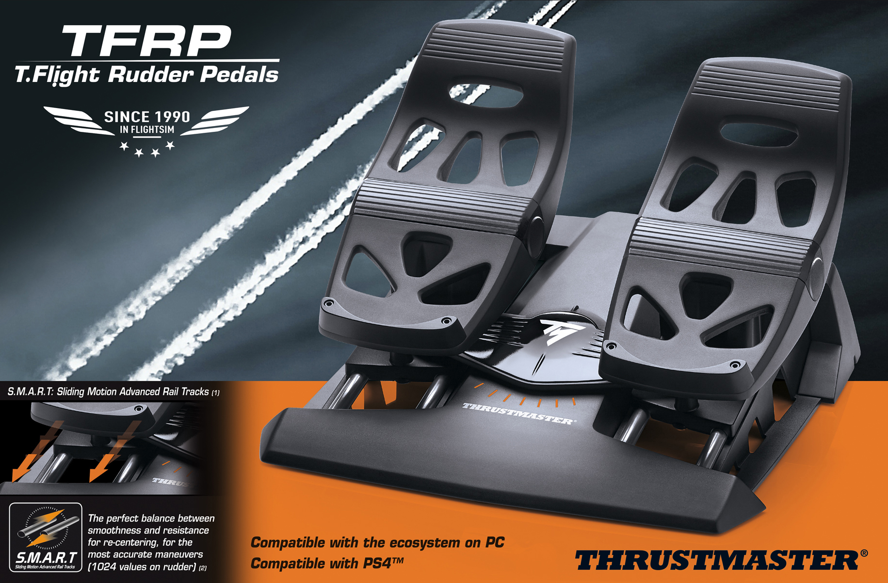 T.Flight Rudder Pedals. Schwarze Fußpedale mit Text und Grafiken auf dunklem Hintergrund.