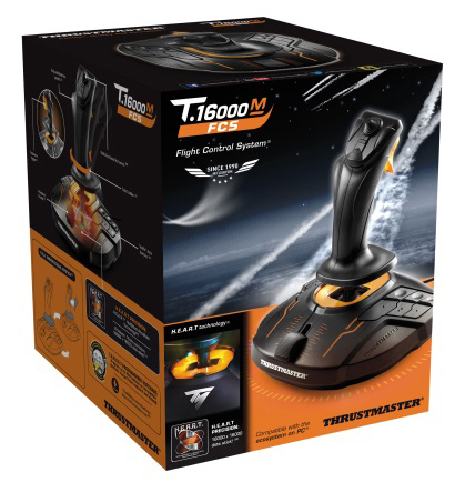 Joystick mit schwarzem und orangefarbenem Design. Die Verpackung zeigt den Joystick und seine Funktionen.