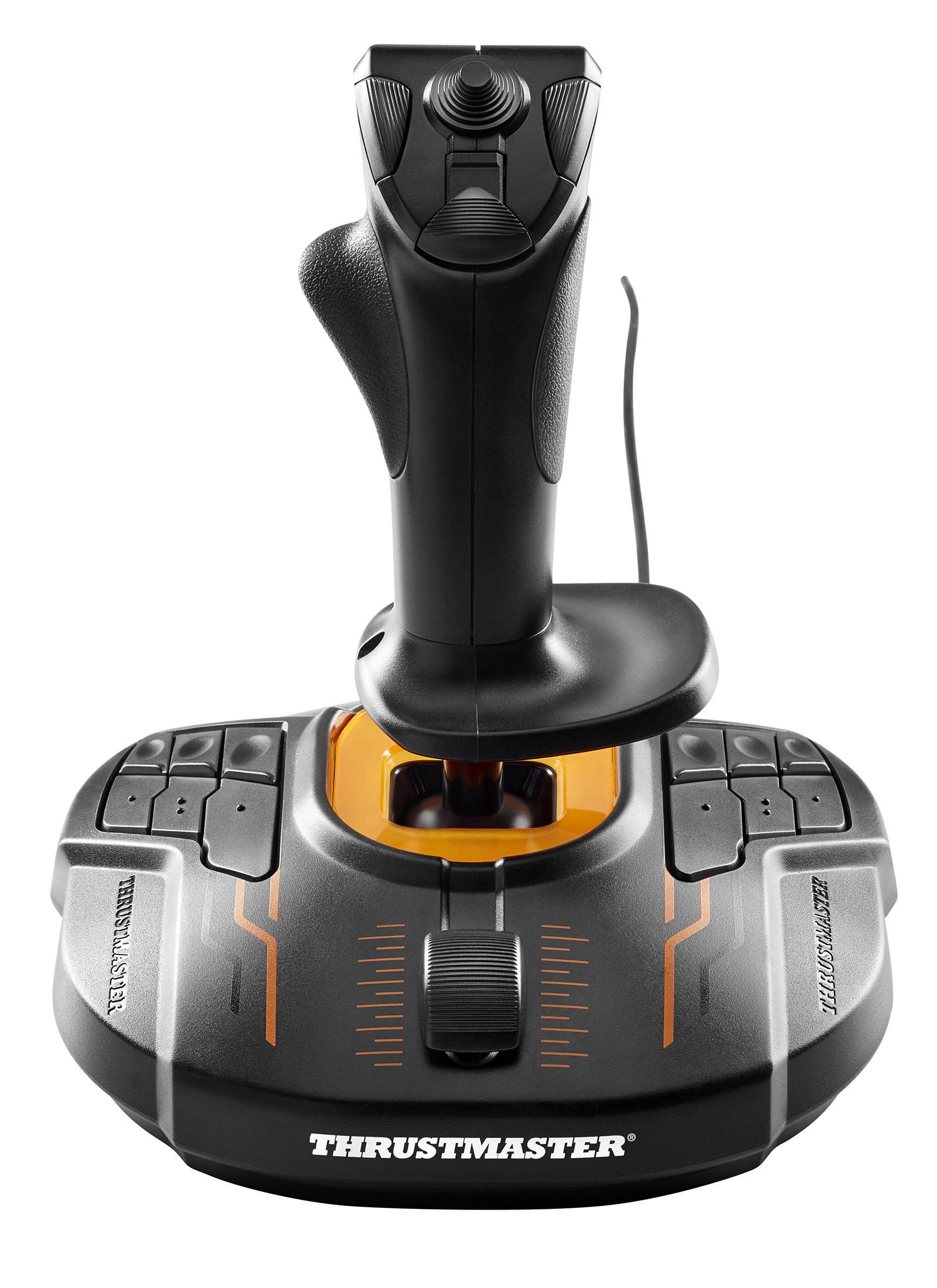Schwarzer und oranger Thrustmaster-Joystick, Basis mit Knöpfen und einem zentralen Stick.