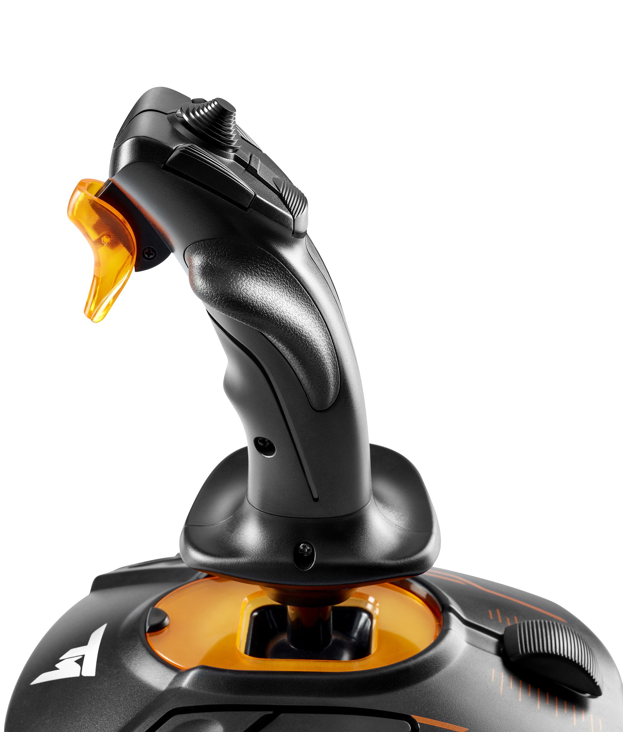 Ein Joystick. Der Joystick ist schwarz und orange.