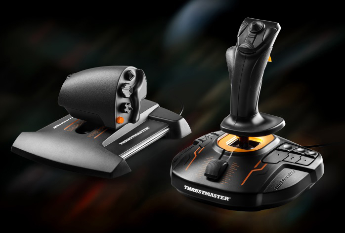 Gaming-Joystick und Gashebel-Set, schwarz und orange, auf dunklem Hintergrund.