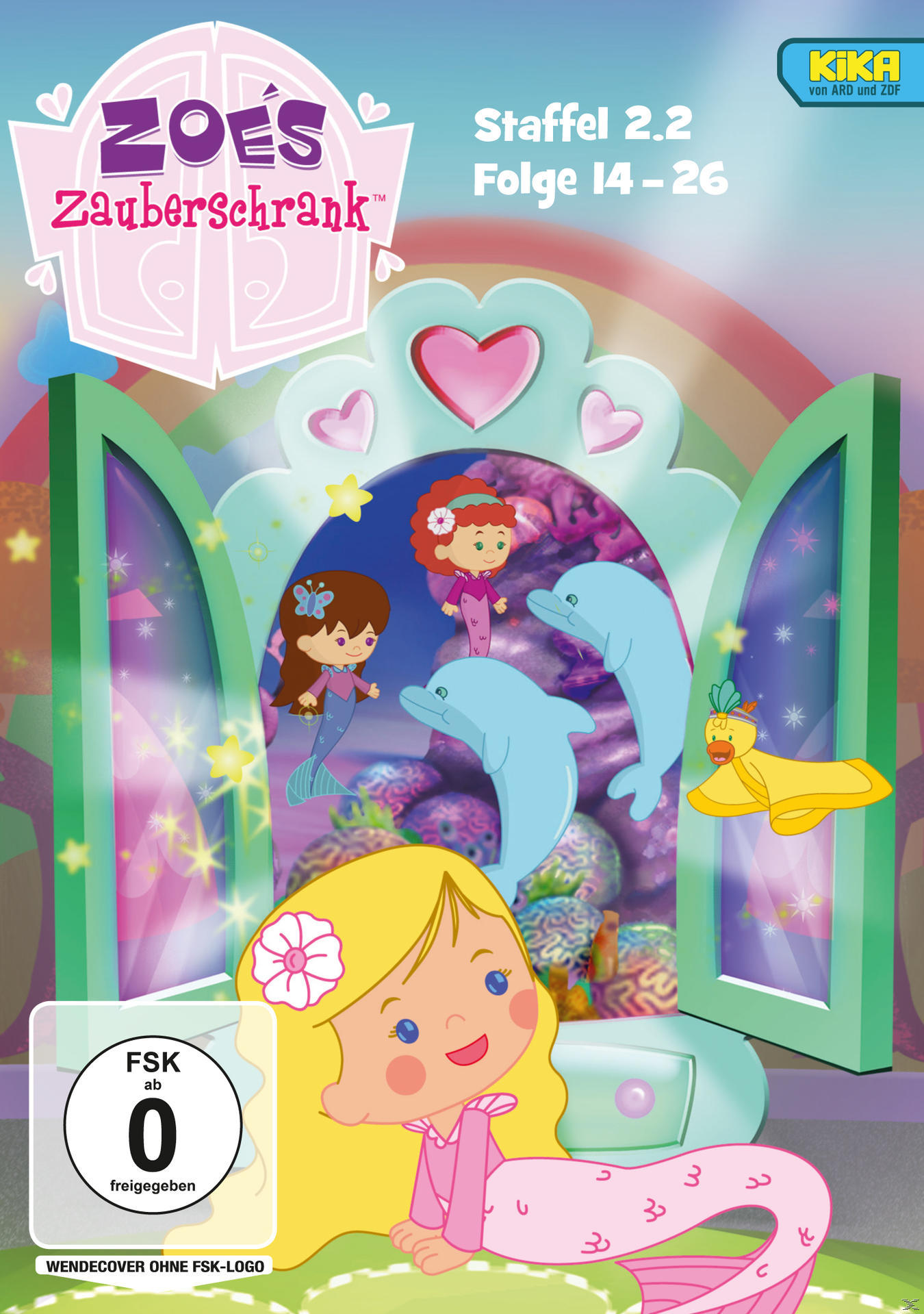 DVD-Cover von Zoés Zauberschrank, mit Cartoon-Meerjungfrauen und Delfinen.
