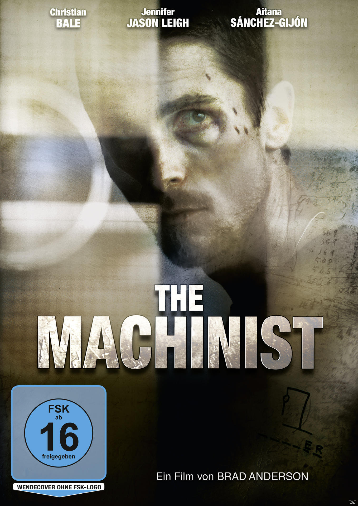 Filmplakat, Gesicht eines Mannes geteilt, Text 'The Machinist', Christian Bale, dunkler Hintergrund.