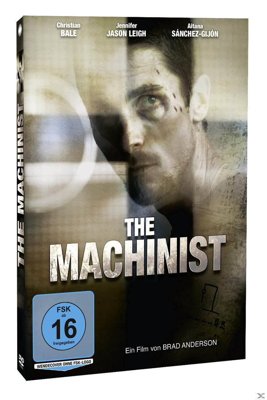 Filmcover: 'The Machinist'. Christian Bales Gesicht geteilt. Dunkle Farben. Deutscher Text.