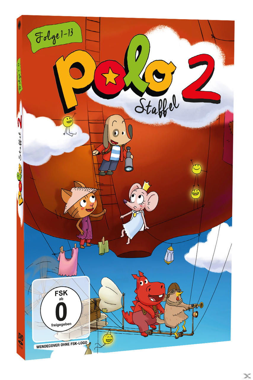 DVD-Hülle für einen Cartoon, Polo 2 Staffel, mit Figuren in einem Heißluftballon. Die Hülle hat einen gelben Rand.