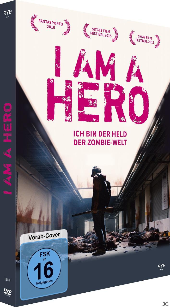 DVD-Hülle für 'I Am a Hero', mit Zombie-Motiv und Auszeichnungen. Weißer Hintergrund mit rotem und schwarzem Text.
