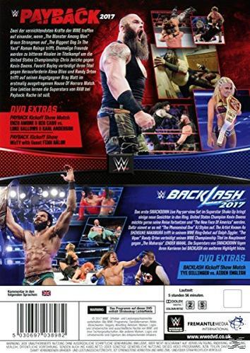 WWE Payback 2017 DVD-Cover. Wrestler vorne und hinten abgebildet mit WWE-Logo und Text.