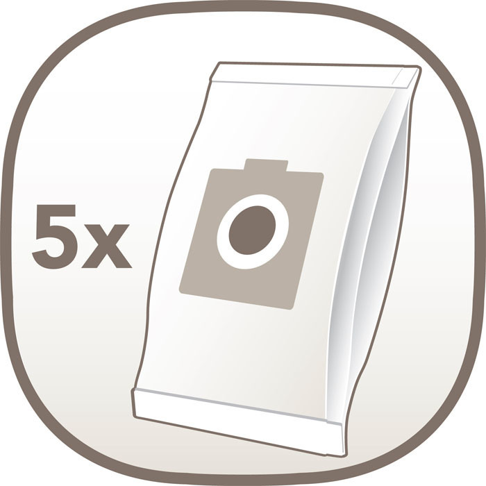 Weißer Beutel mit Kamera-Symbol und dem Text '5x' in einem abgerundeten Rahmen.