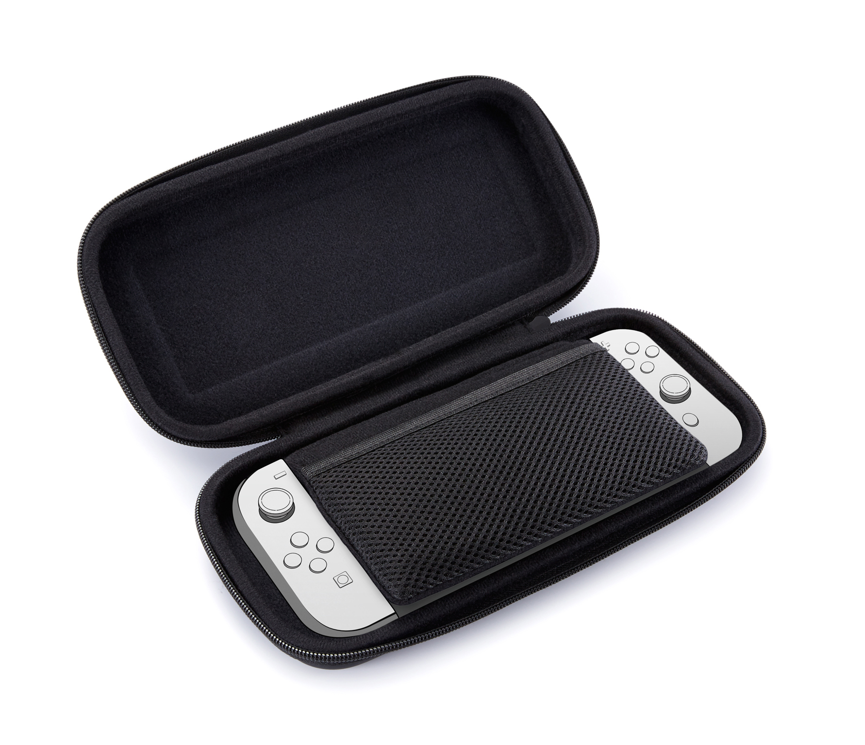 Schwarzes, offenes Spielekonsolenetui mit Switch-Konsole darin, auf weißem Hintergrund.