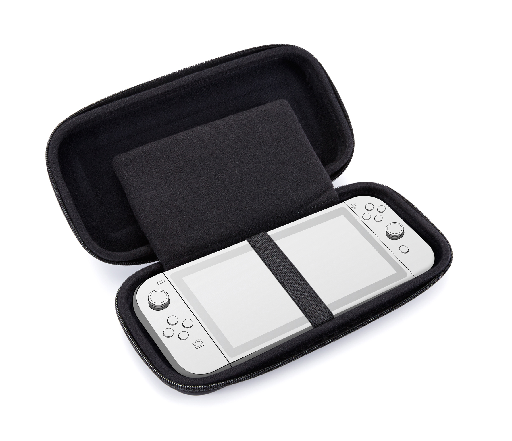 Offener schwarzer Koffer mit einer weißen Nintendo Switch im Inneren, gesichert durch einen schwarzen Riemen.