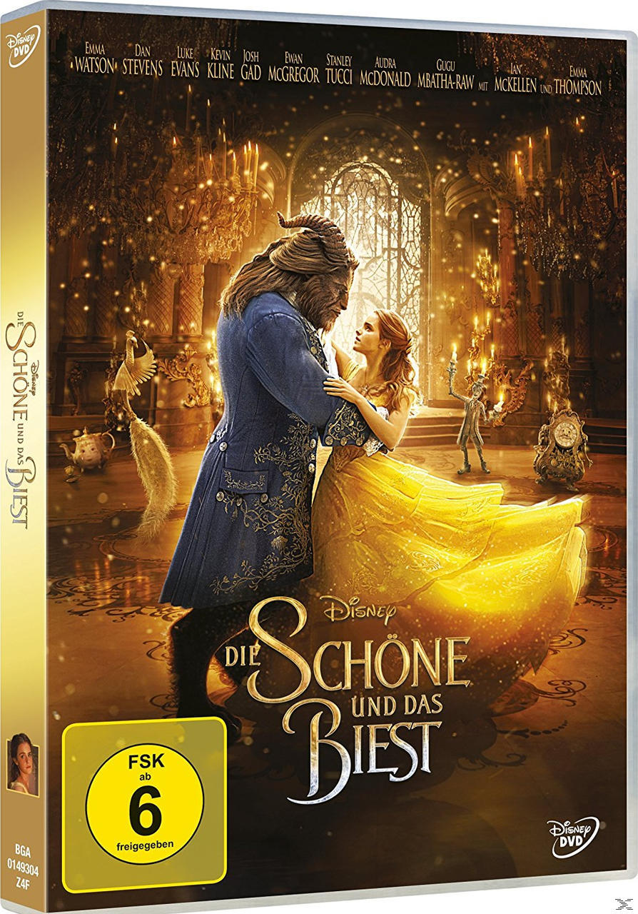 DVD-Cover von Die Schöne und das Biest. Die Bestie und Belle tanzen; goldener Hintergrund.