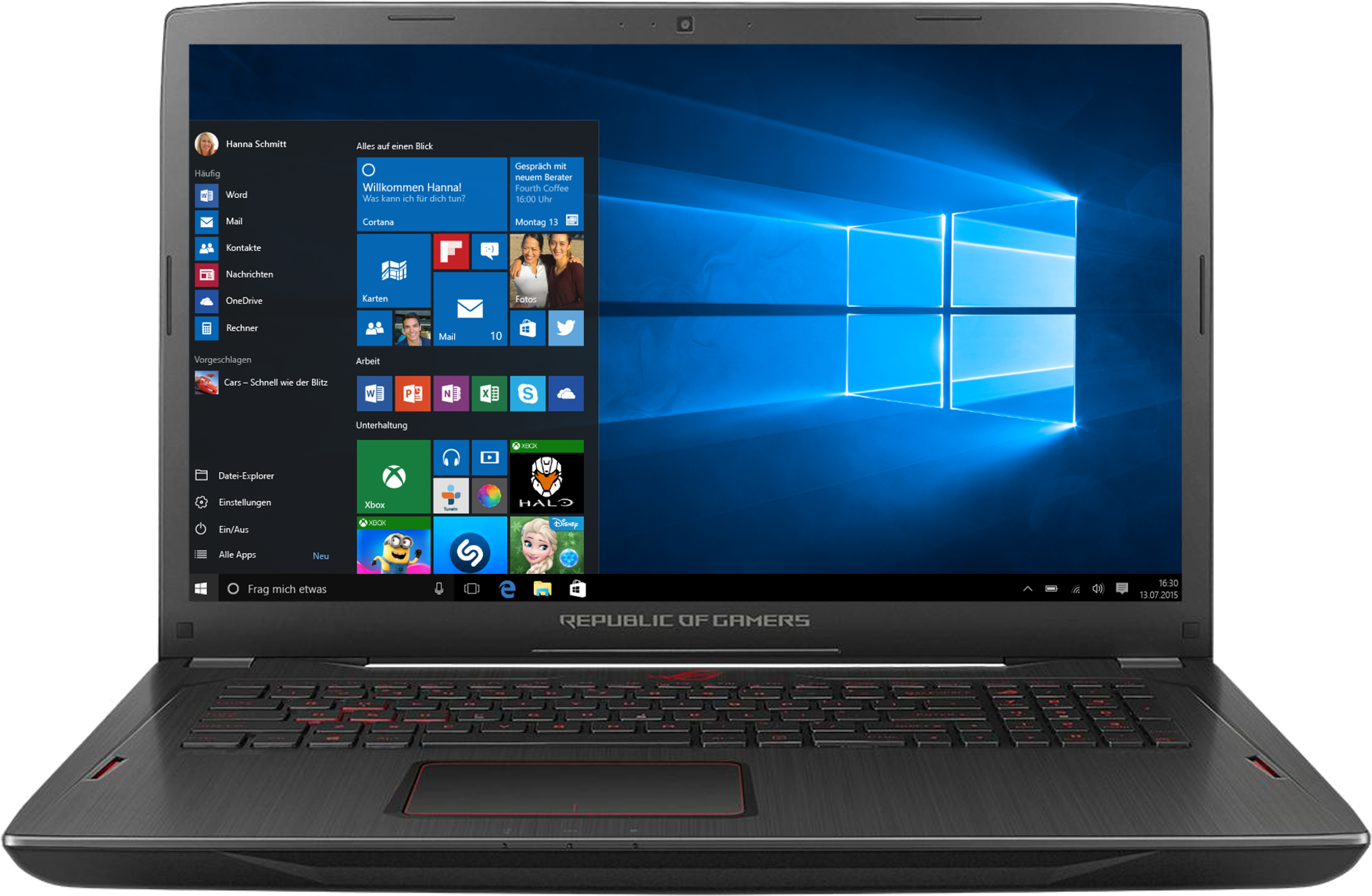 Schwarzer Laptop mit geöffneter Windows-Oberfläche. Der Bildschirm zeigt verschiedene App-Symbole und Hintergrund.