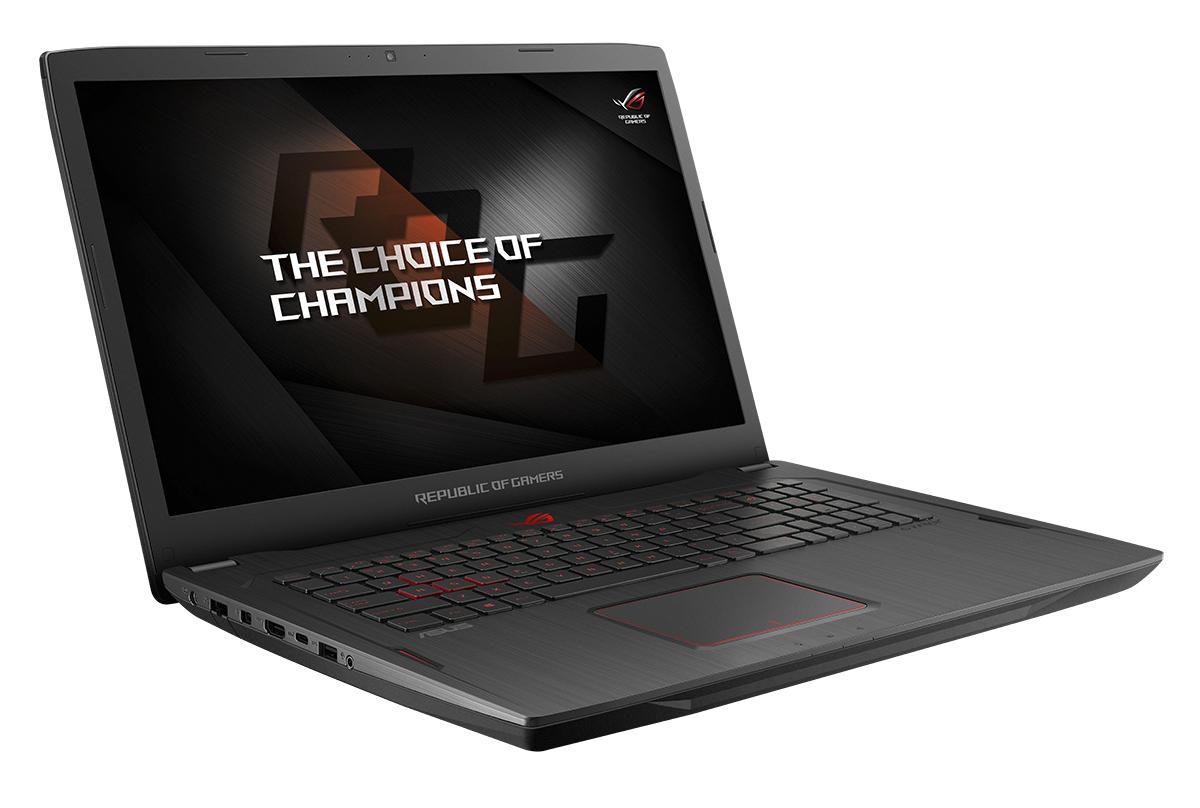 Gaming-Laptop, schwarz, geöffnet, Bildschirm zeigt Text, weißer Hintergrund.