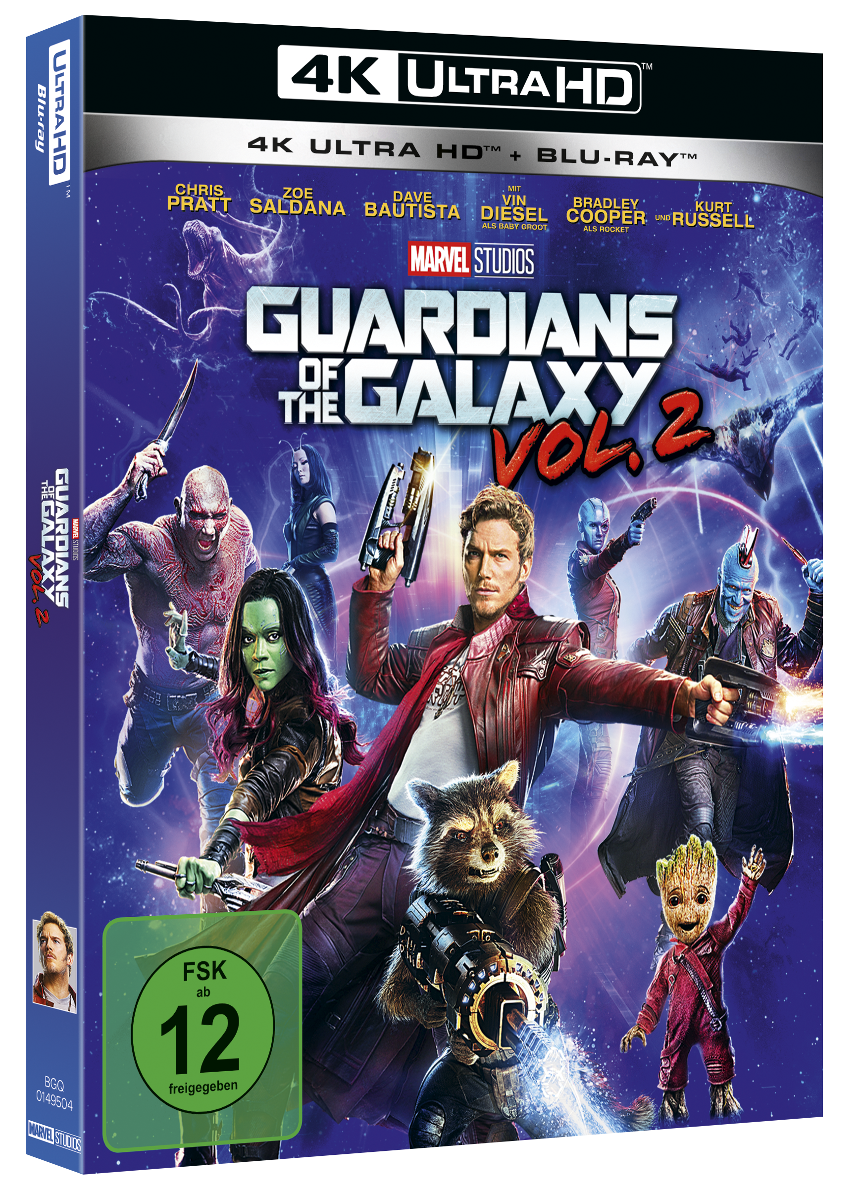 Die Blu-ray-Hülle von Guardians of the Galaxy Vol. 2 befindet sich auf schwarzem Hintergrund. Das Cover zeigt Charaktere.
