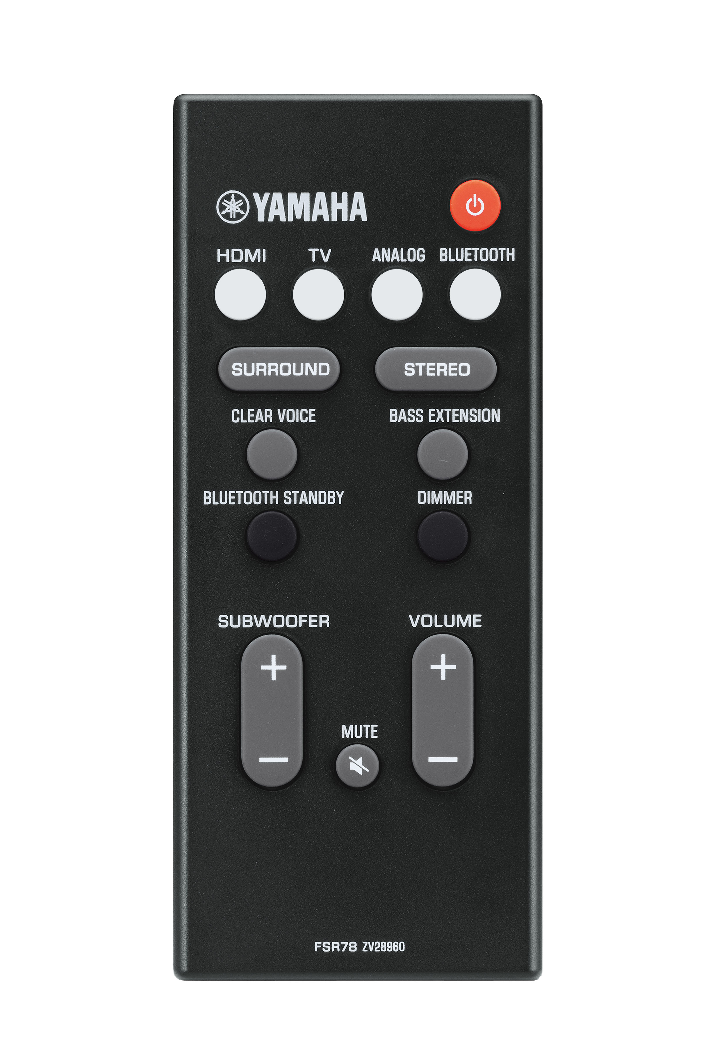 Eine Yamaha Soundbar-Fernbedienung mit verschiedenen Tasten, in Schwarz, isoliert auf weißem Hintergrund.