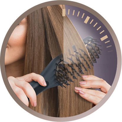 Een haarborstel die haar borstelt. Het haar is bruin en de borstel zwart. Een klokafbeelding staat rechts.