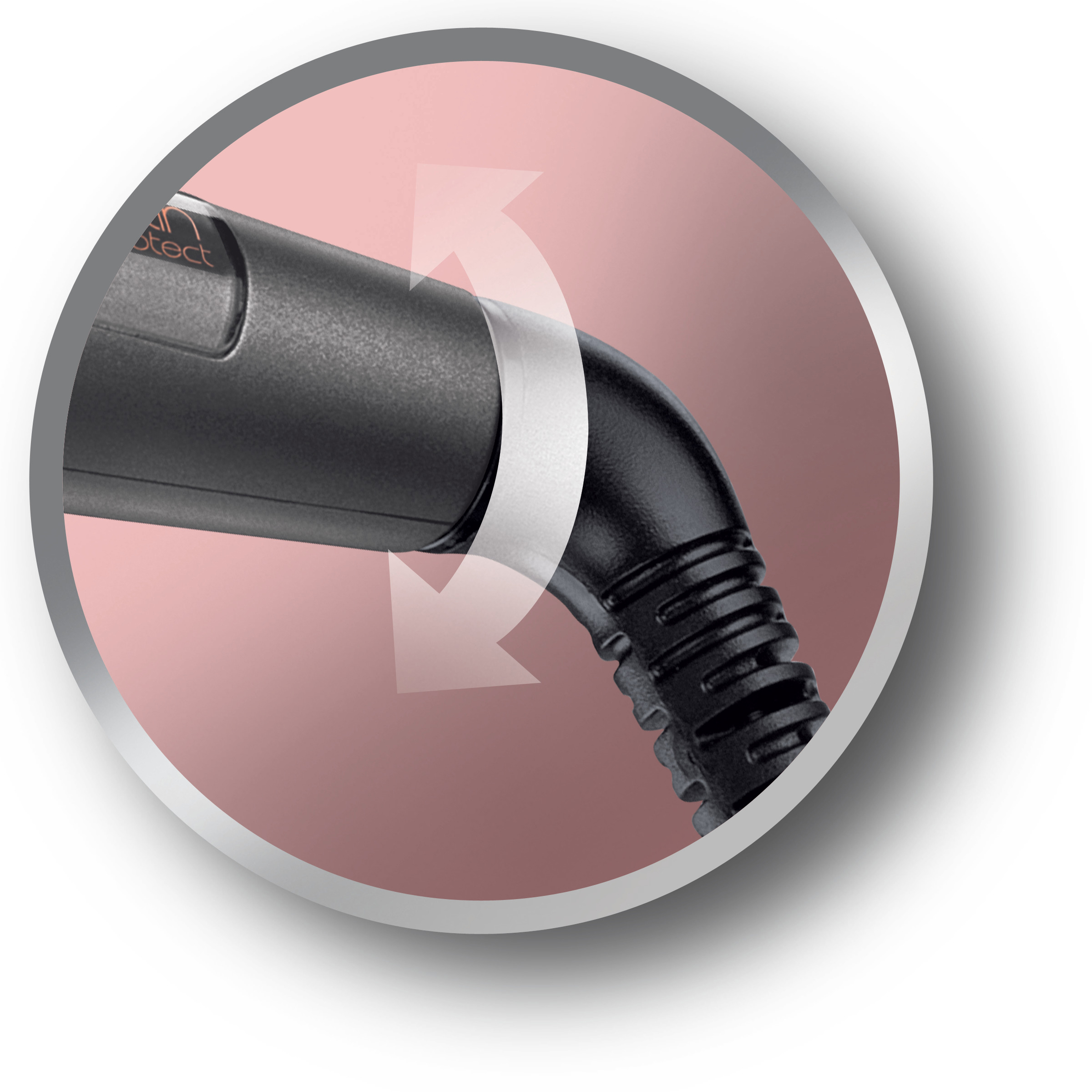 Nahaufnahme eines Drehgelenks eines Haarglätters, mit rosa Hintergrund und weißen Pfeilen.