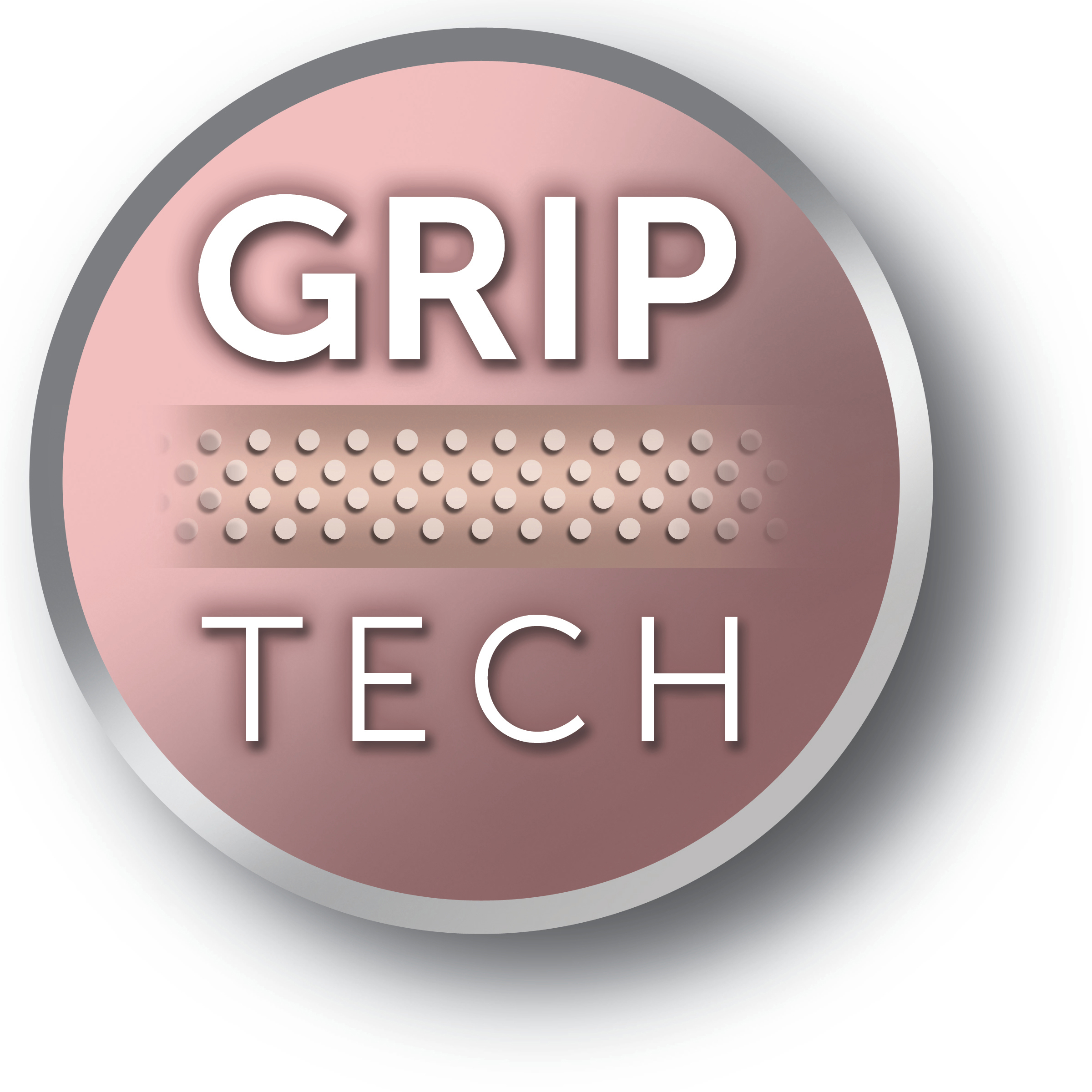 Ein rosafarbenes rundes Logo mit 'GRIP TECH' in weißem Text auf weißem Hintergrund.